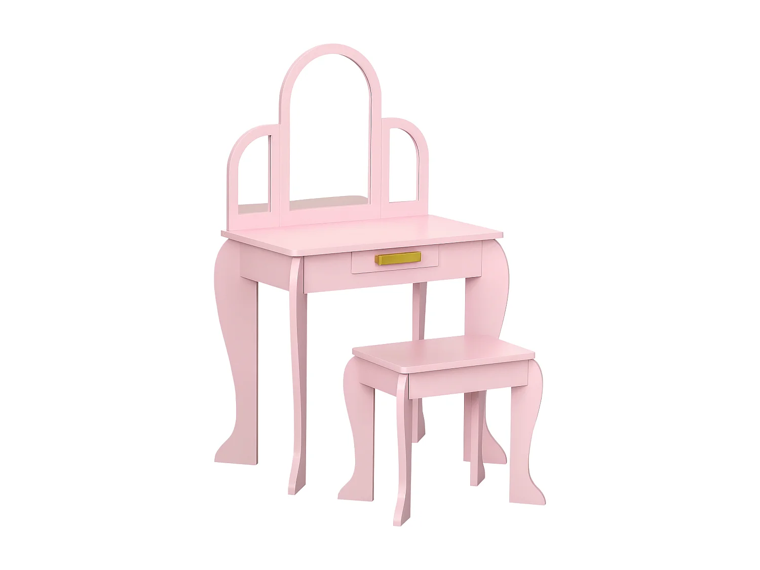 Coiffeuse enfant design girly - tabouret inclus - dim. 52L x 32l x 85H cm - tiroir, 3 miroirs - MDF bois de pin - rose poudré