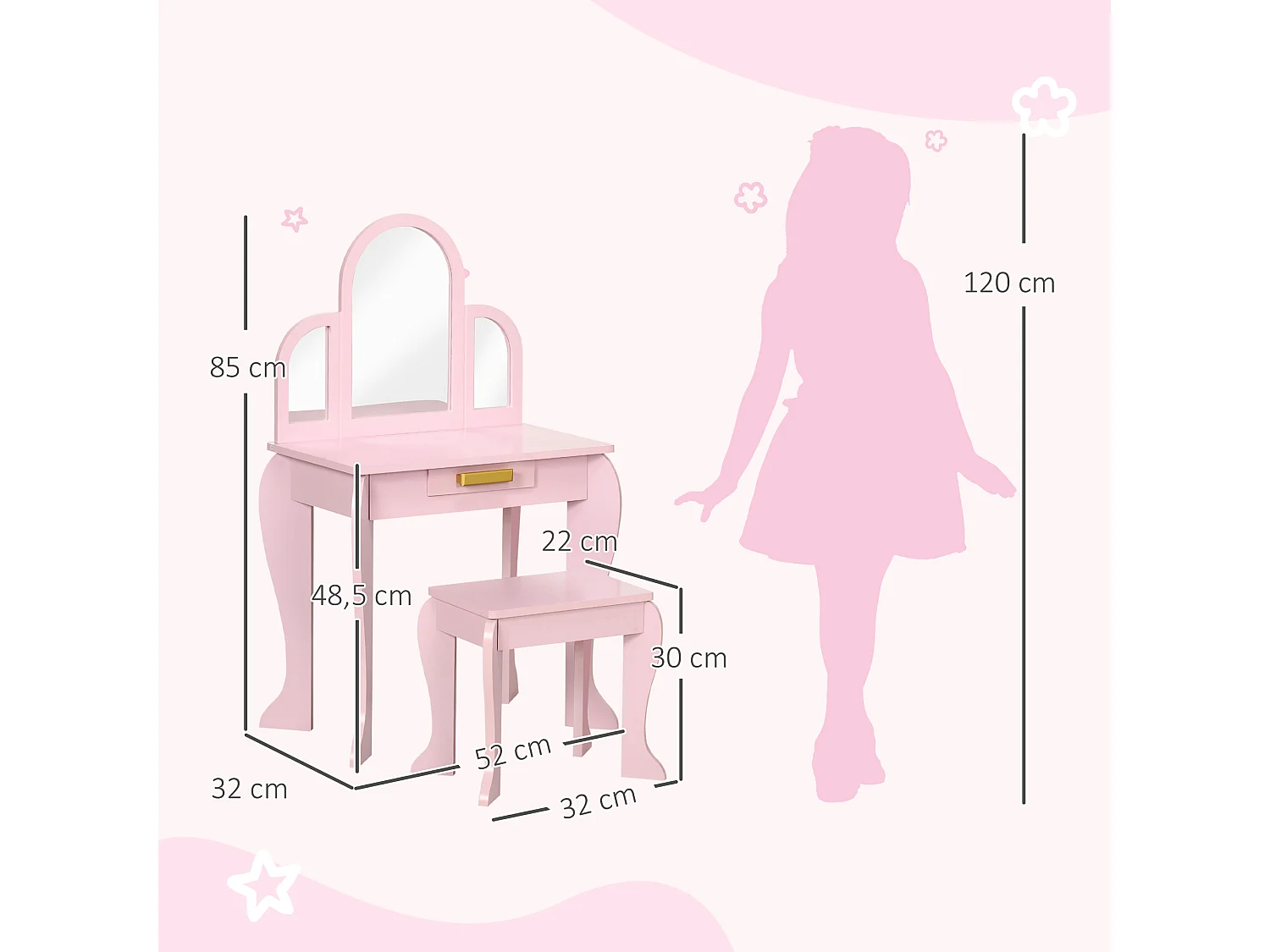 Coiffeuse enfant design girly - tabouret inclus - dim. 52L x 32l x 85H cm - tiroir, 3 miroirs - MDF bois de pin - rose poudré
