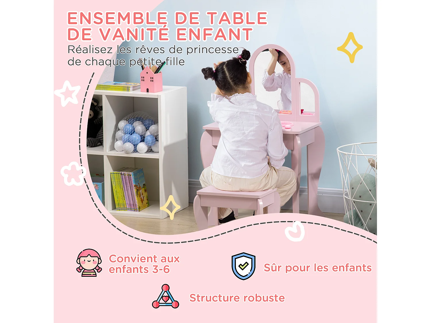 Coiffeuse enfant design girly - tabouret inclus - dim. 52L x 32l x 85H cm - tiroir, 3 miroirs - MDF bois de pin - rose poudré