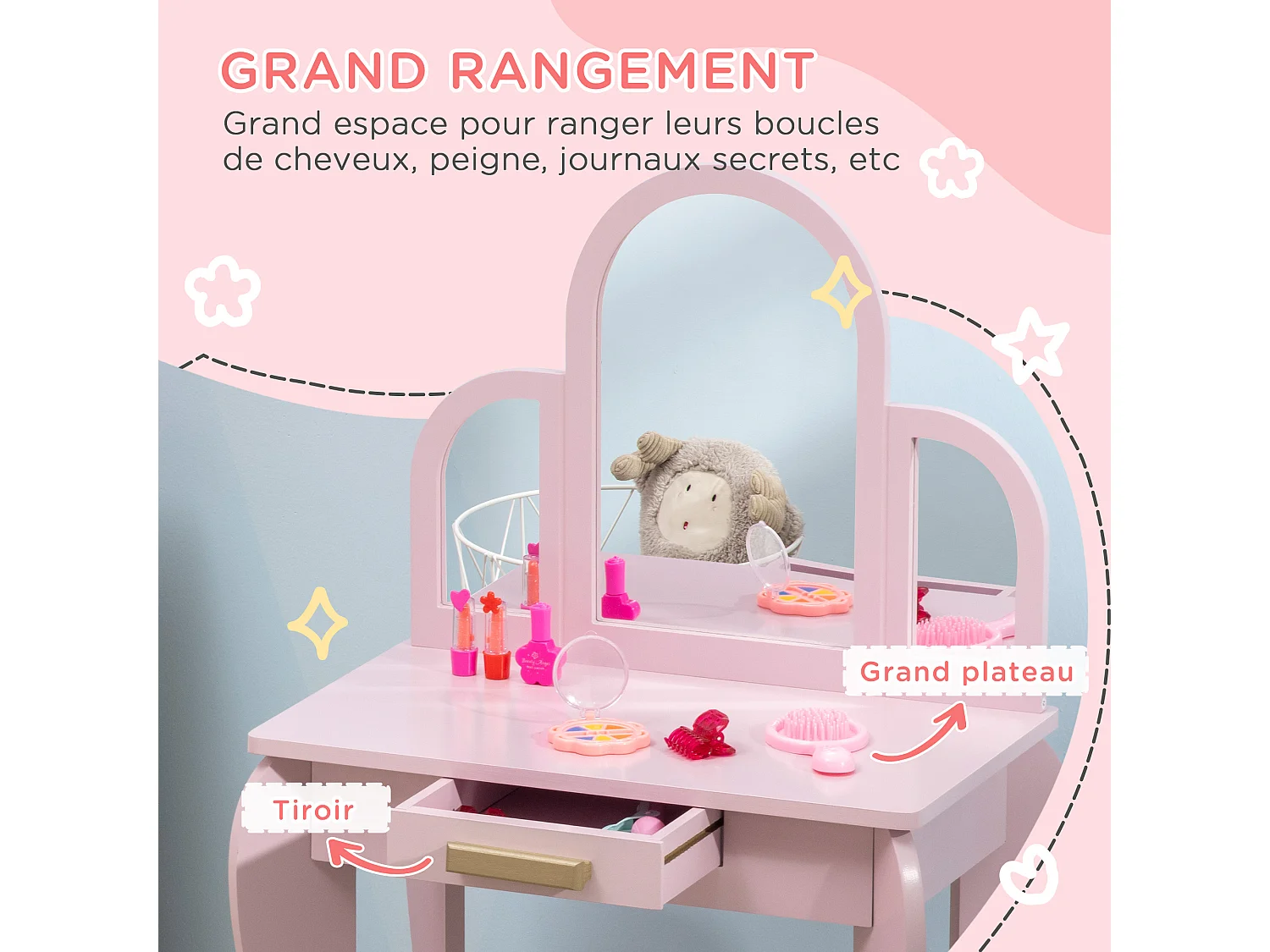 Coiffeuse enfant design girly - tabouret inclus - dim. 52L x 32l x 85H cm - tiroir, 3 miroirs - MDF bois de pin - rose poudré
