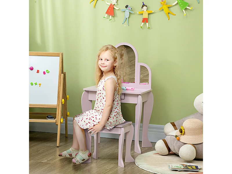 Coiffeuse enfant design girly - tabouret inclus - dim. 52L x 32l x 85H cm - tiroir, 3 miroirs - MDF bois de pin - rose poudré