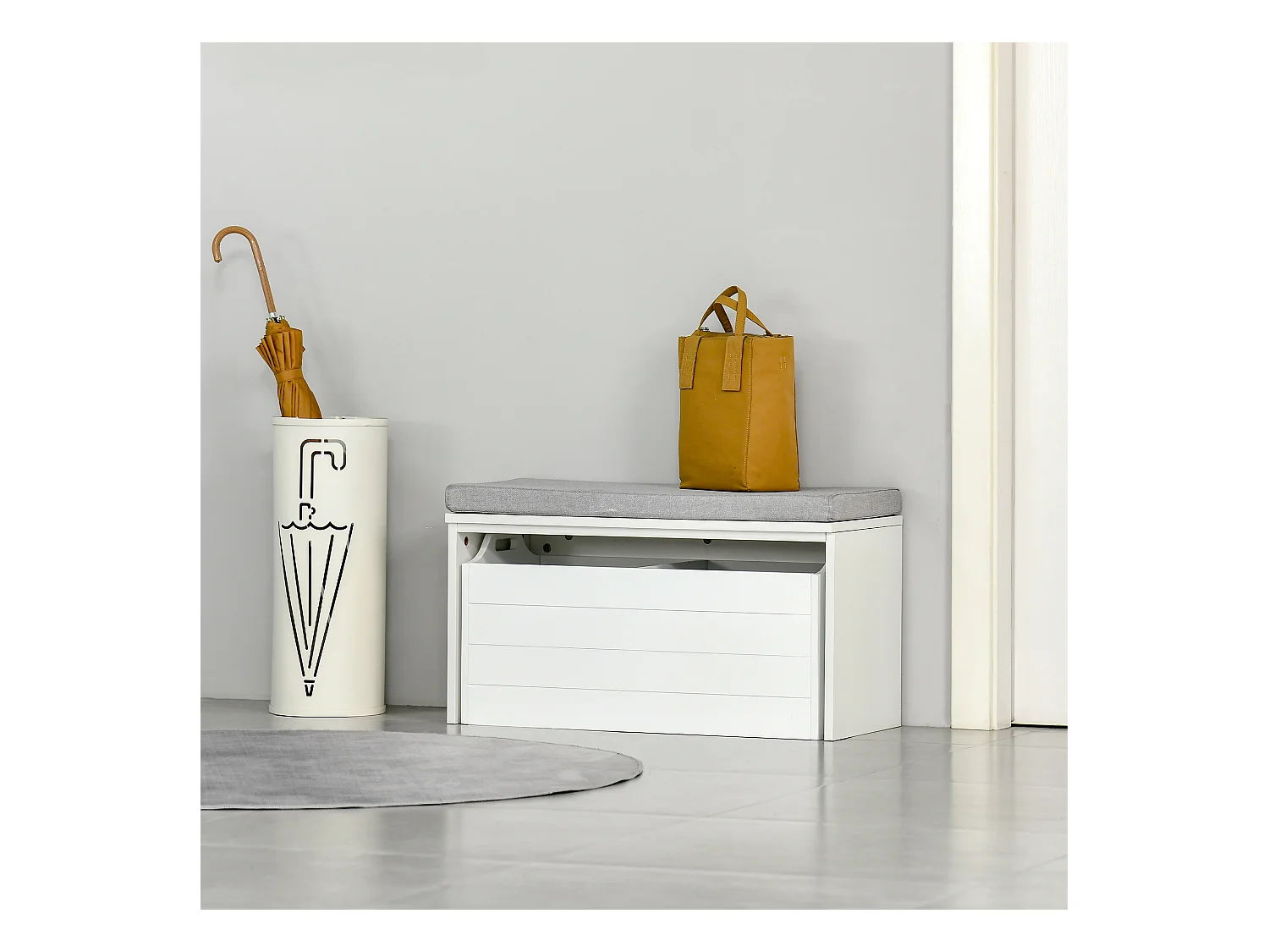 Banc de rangement avec coussin gris - meuble à chaussures - banc à chaussures avec grand tiroir double compartiment - MDF blanc