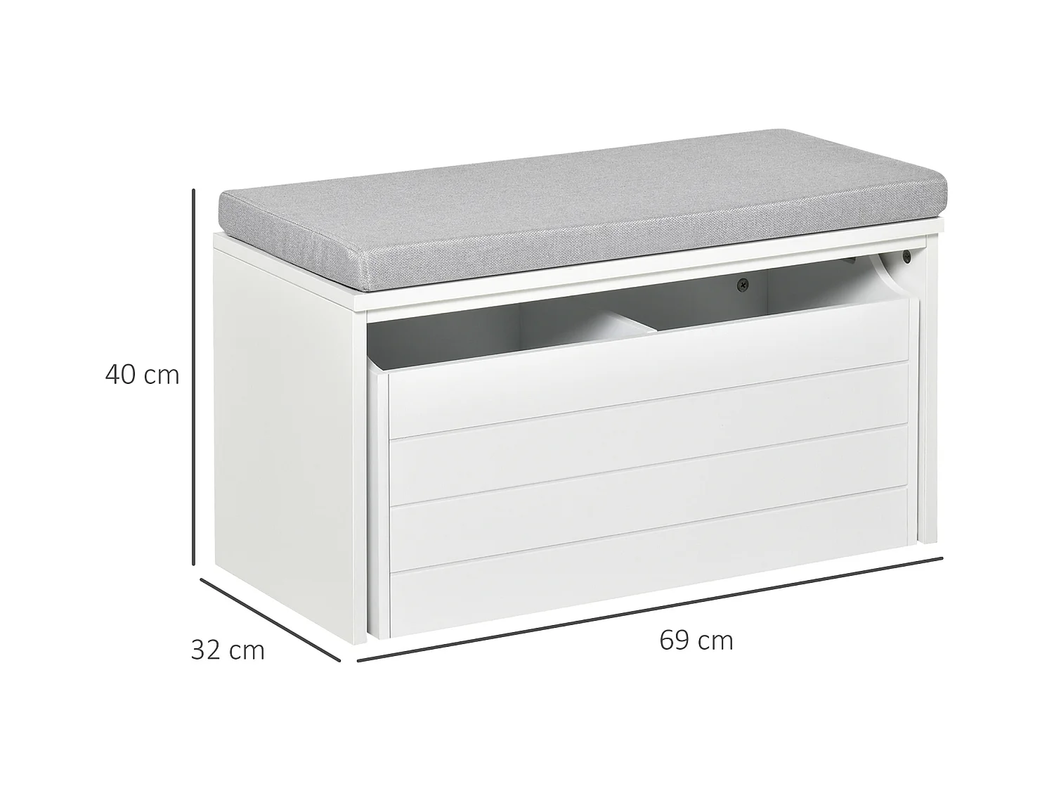 Banc de rangement avec coussin gris - meuble à chaussures - banc à chaussures avec grand tiroir double compartiment - MDF blanc