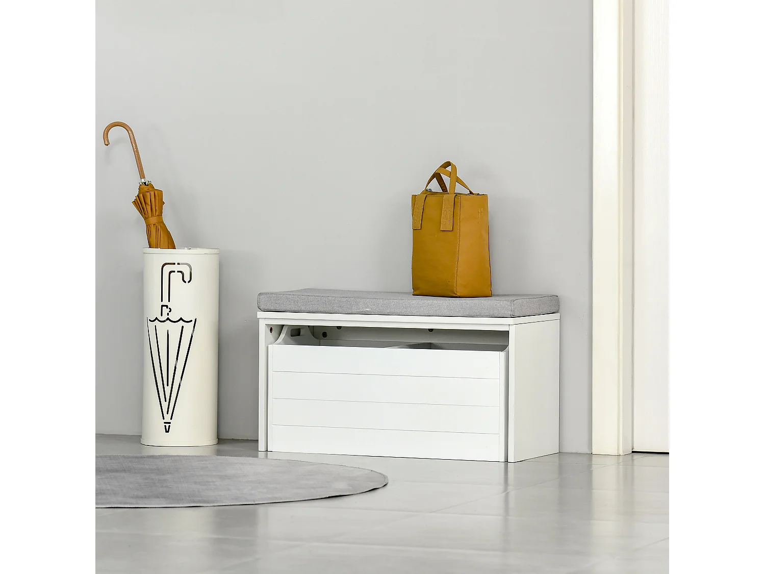 Banc de rangement avec coussin gris - meuble à chaussures - banc à chaussures avec grand tiroir double compartiment - MDF blanc