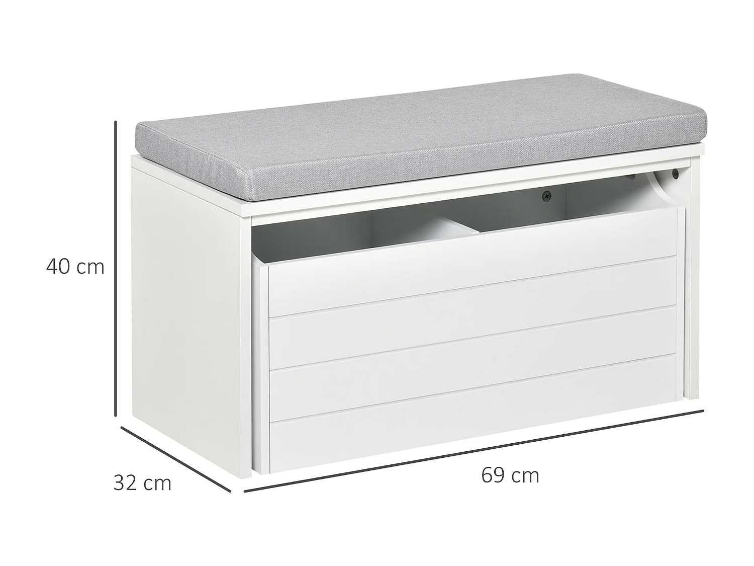 Banc de rangement avec coussin gris - meuble à chaussures - banc à chaussures avec grand tiroir double compartiment - MDF blanc