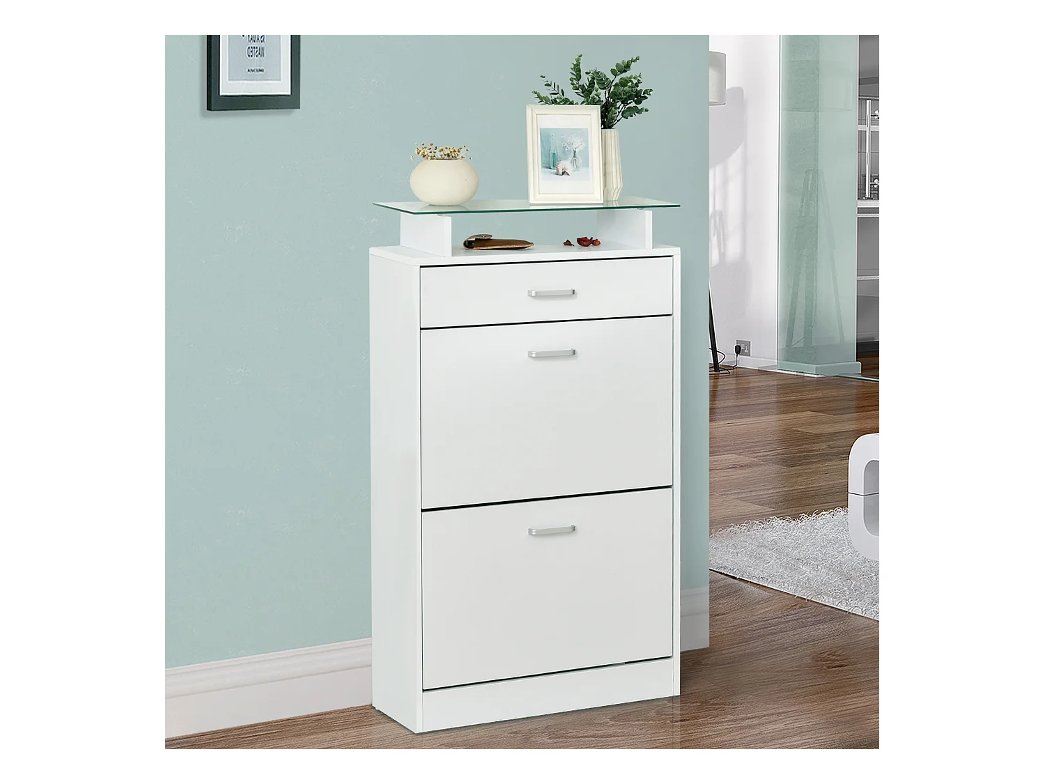 Armoire à chaussures organisateur de luxe pour chaussures 2 portes abattantes 2 compartiments, tiroir, étagère verre panneaux particules blanc