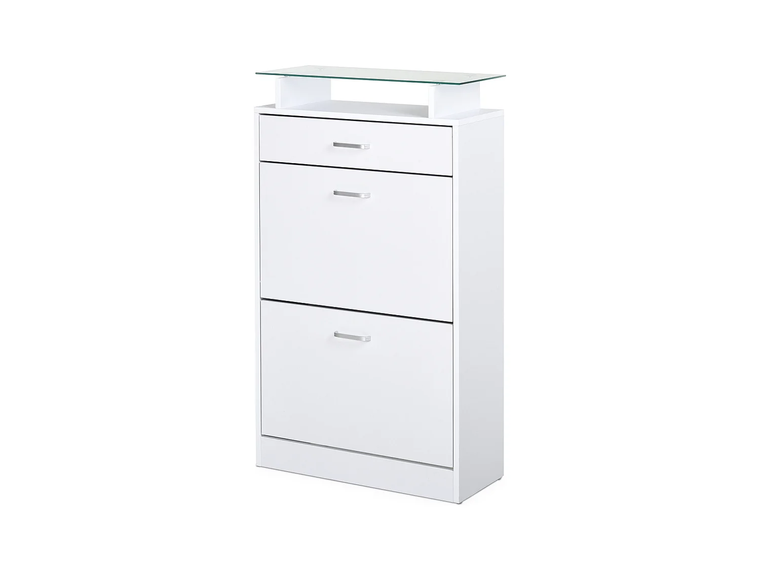 Armoire à chaussures organisateur de luxe pour chaussures 2 portes abattantes 2 compartiments, tiroir, étagère verre panneaux particules blanc