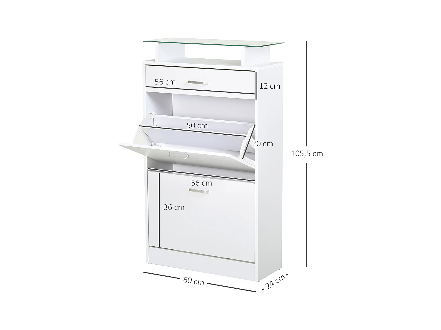 Armoire à chaussures organisateur de luxe pour chaussures 2 portes abattantes 2 compartiments, tiroir, étagère verre panneaux particules blanc