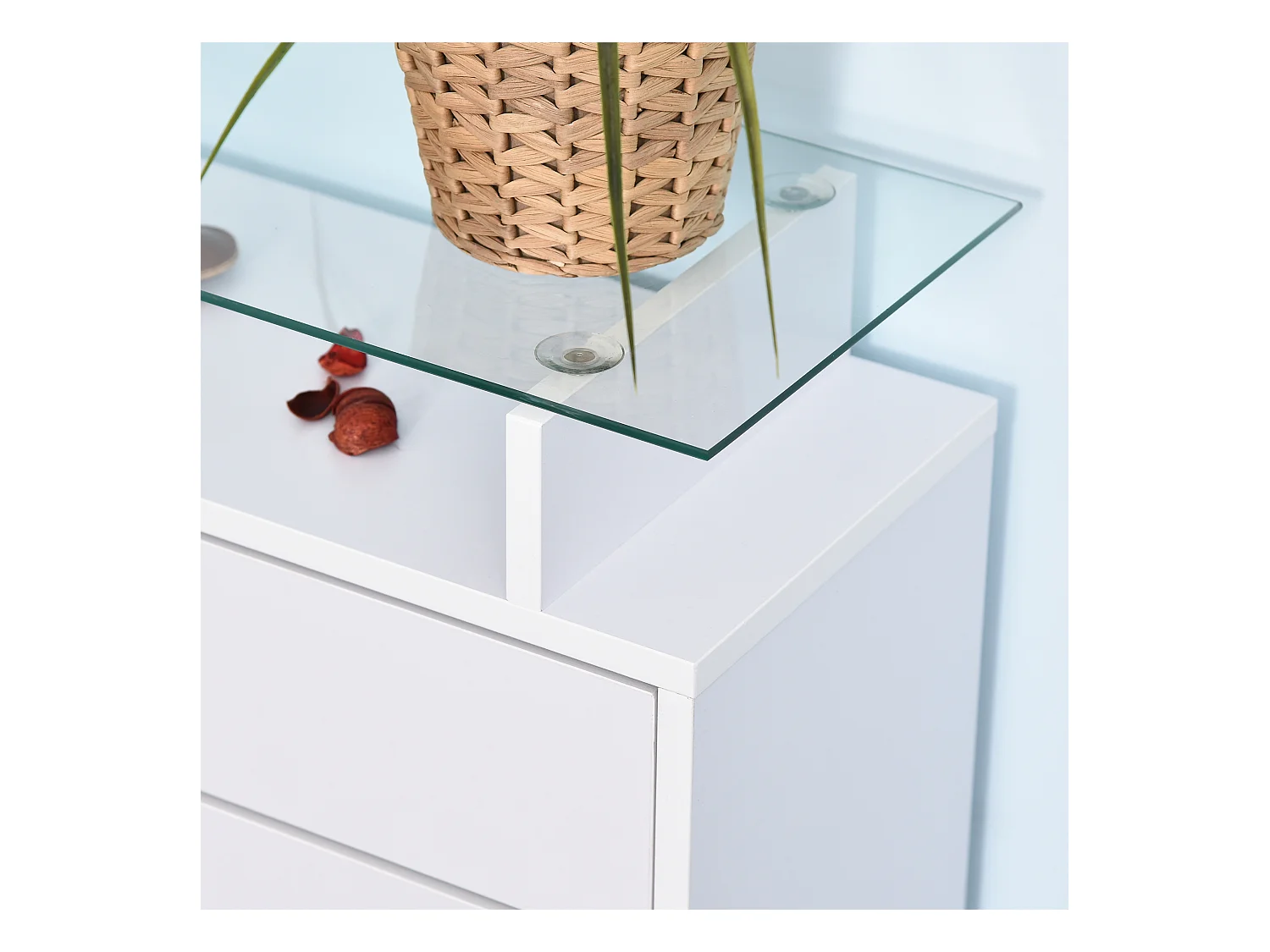 Armoire à chaussures organisateur de luxe pour chaussures 2 portes abattantes 2 compartiments, tiroir, étagère verre panneaux particules blanc