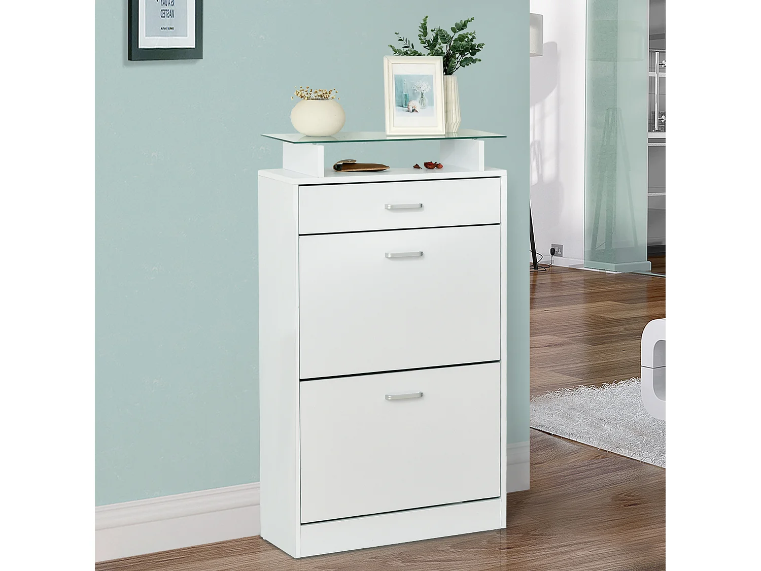 Armoire à chaussures organisateur de luxe pour chaussures 2 portes abattantes 2 compartiments, tiroir, étagère verre panneaux particules blanc