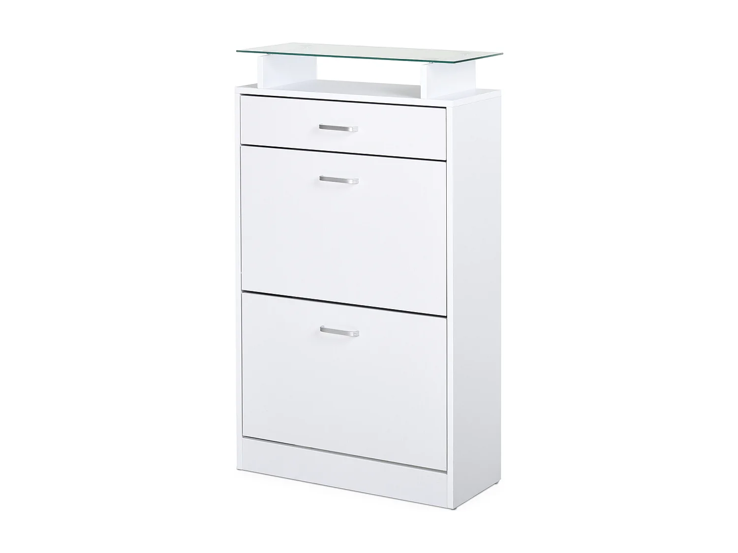 Armoire à chaussures organisateur de luxe pour chaussures 2 portes abattantes 2 compartiments, tiroir, étagère verre panneaux particules blanc