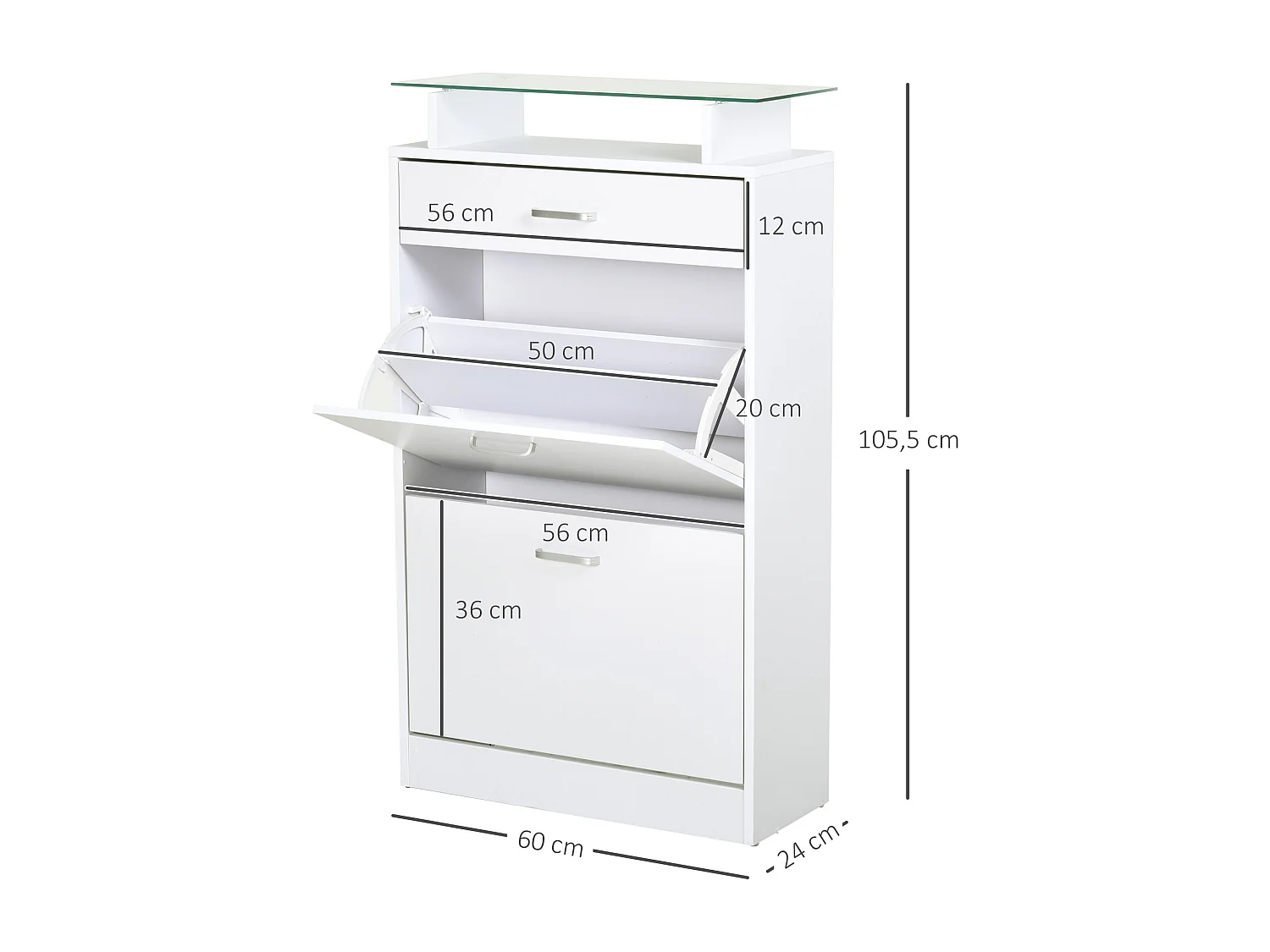 Armoire à chaussures organisateur de luxe pour chaussures 2 portes abattantes 2 compartiments, tiroir, étagère verre panneaux particules blanc