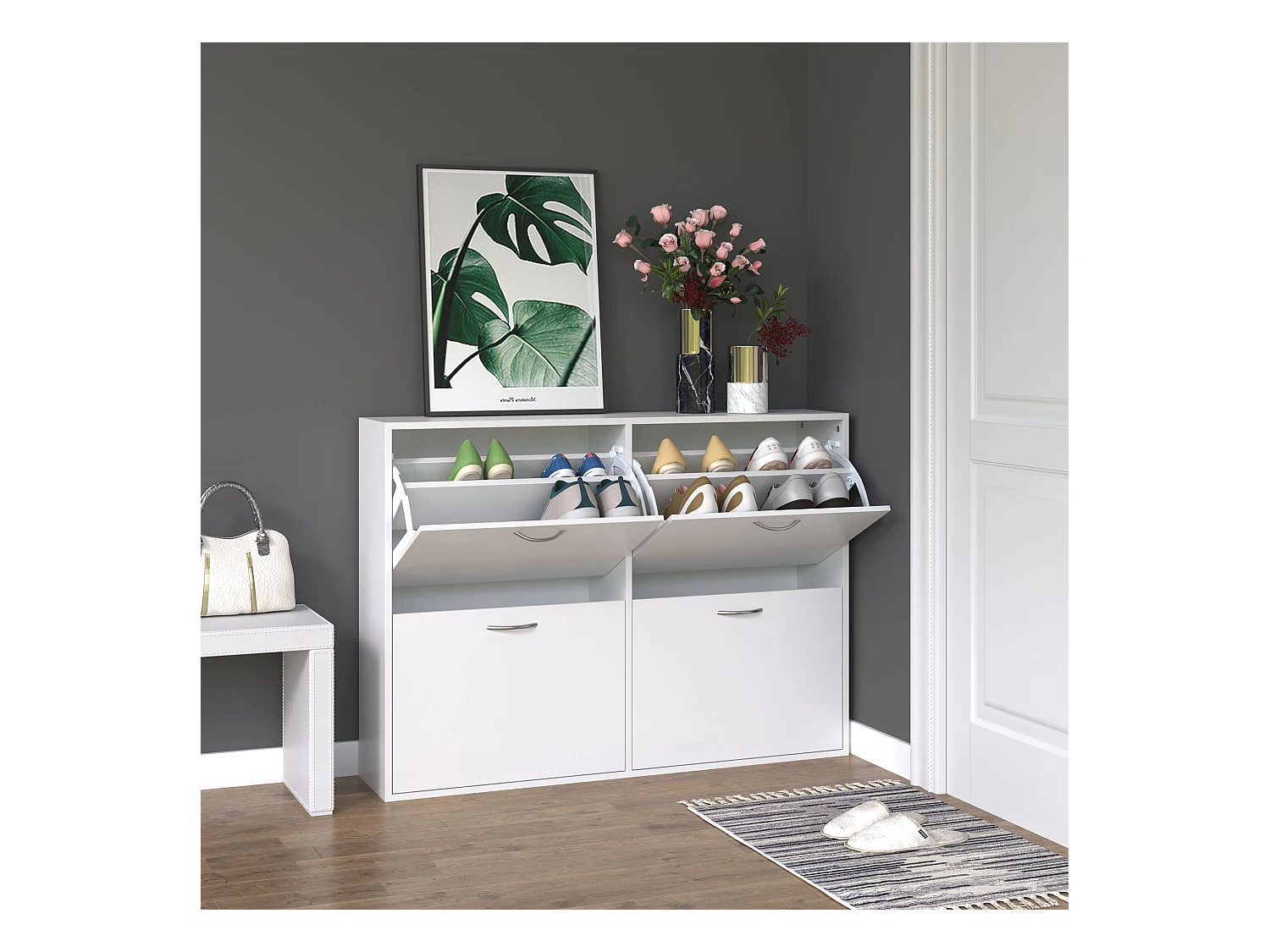 Armoire à chaussures meuble à chaussures grande taille dim. 120L x 24l x 81H cm  4 portes abattantes double niveau panneaux particules blanc