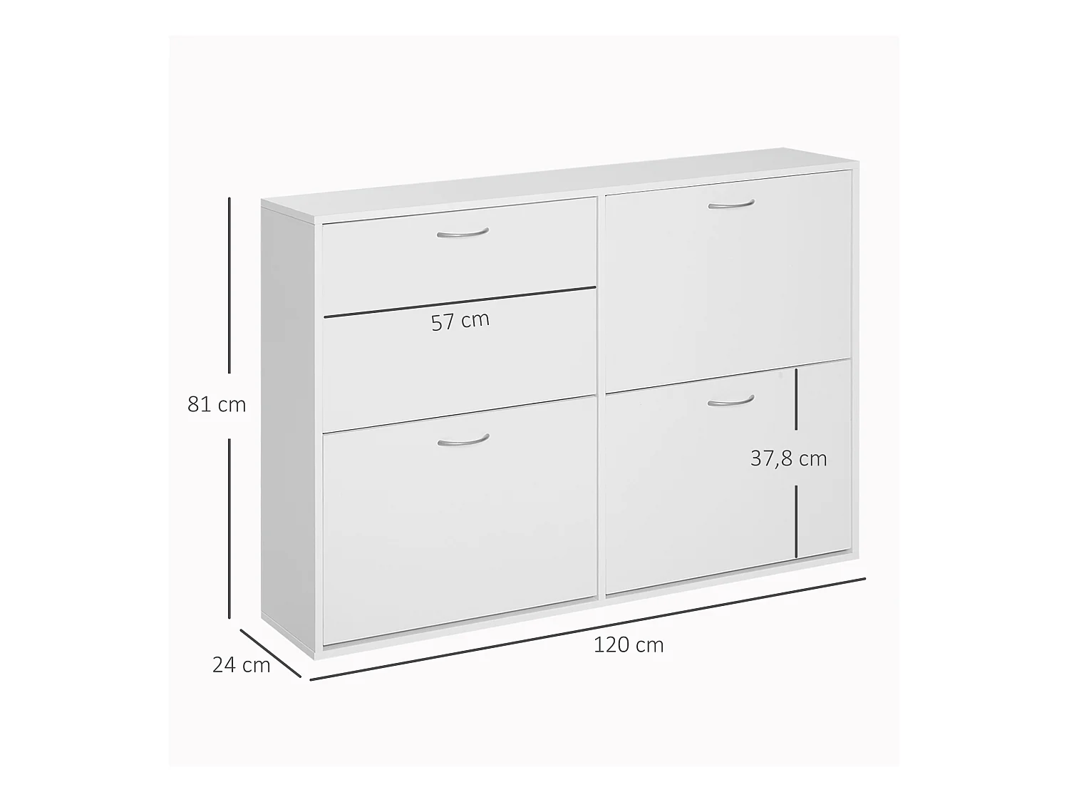 Armoire à chaussures meuble à chaussures grande taille dim. 120L x 24l x 81H cm  4 portes abattantes double niveau panneaux particules blanc