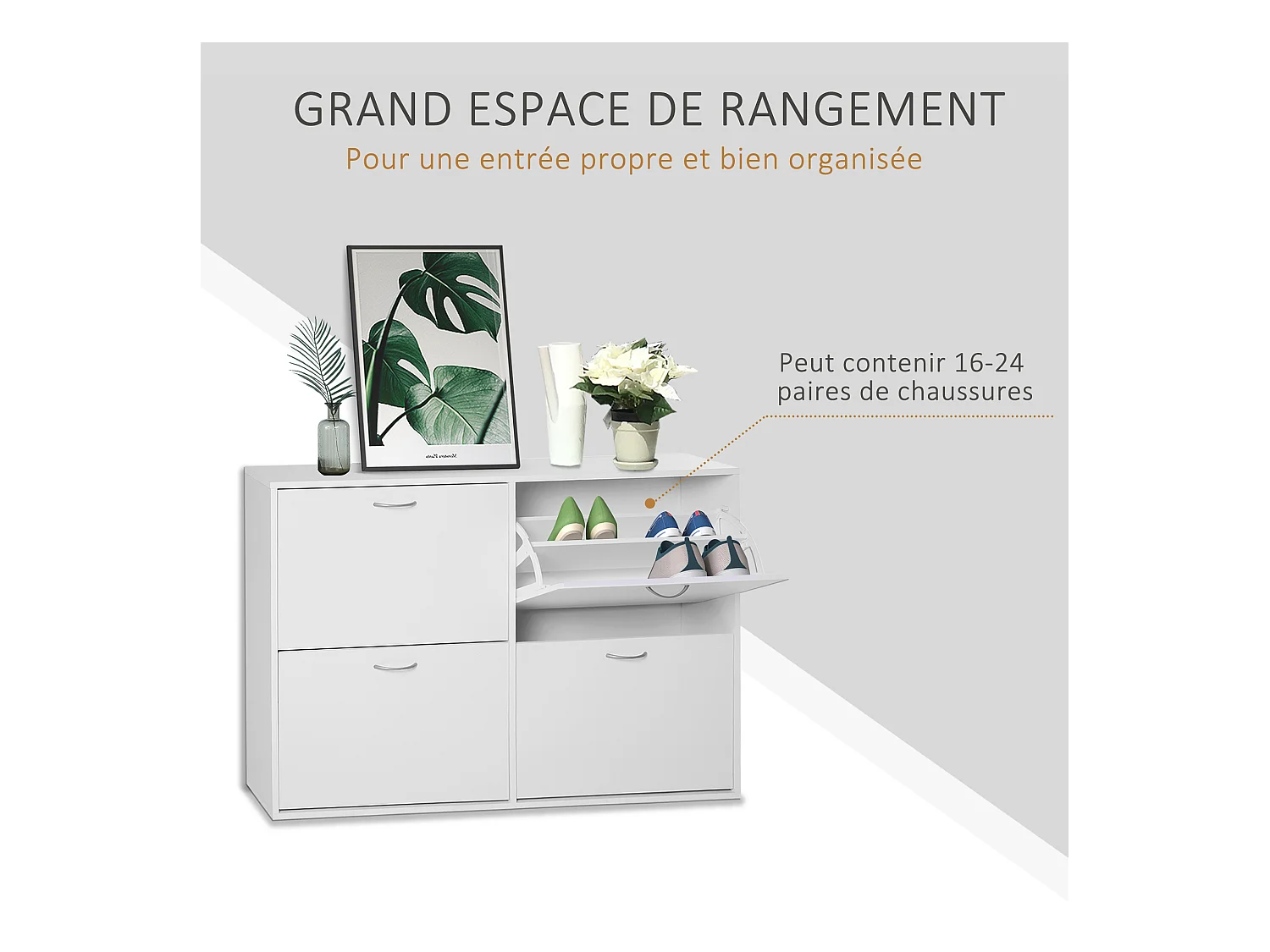 Armoire à chaussures meuble à chaussures grande taille dim. 120L x 24l x 81H cm  4 portes abattantes double niveau panneaux particules blanc