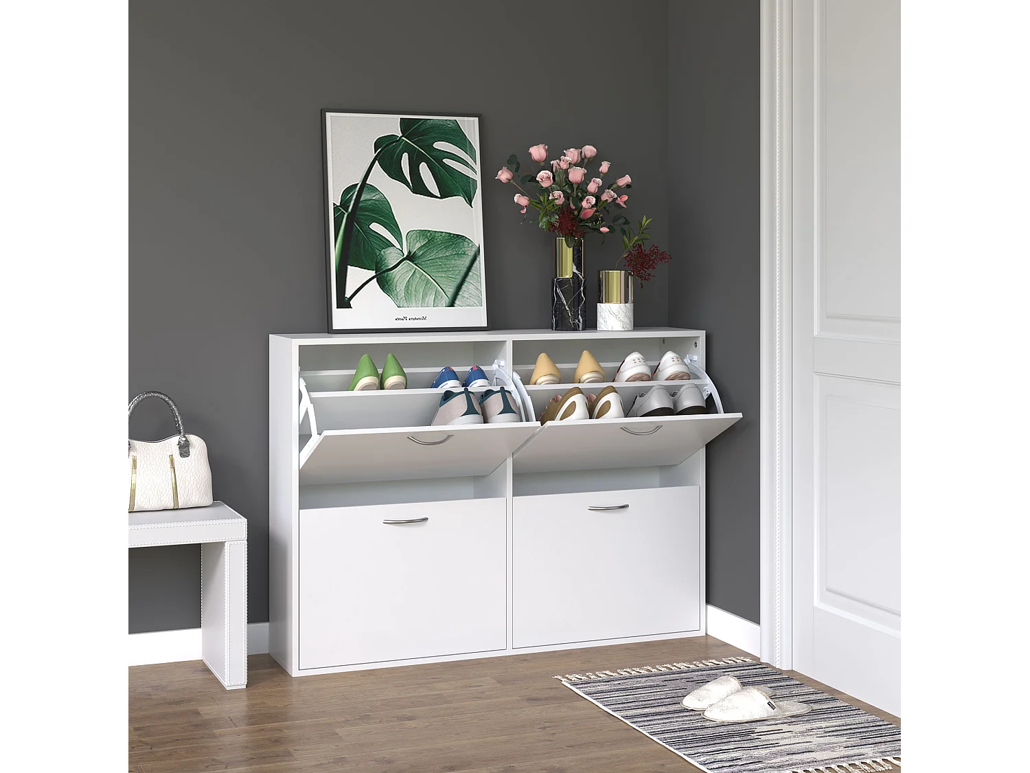 Armoire à chaussures meuble à chaussures grande taille dim. 120L x 24l x 81H cm  4 portes abattantes double niveau panneaux particules blanc