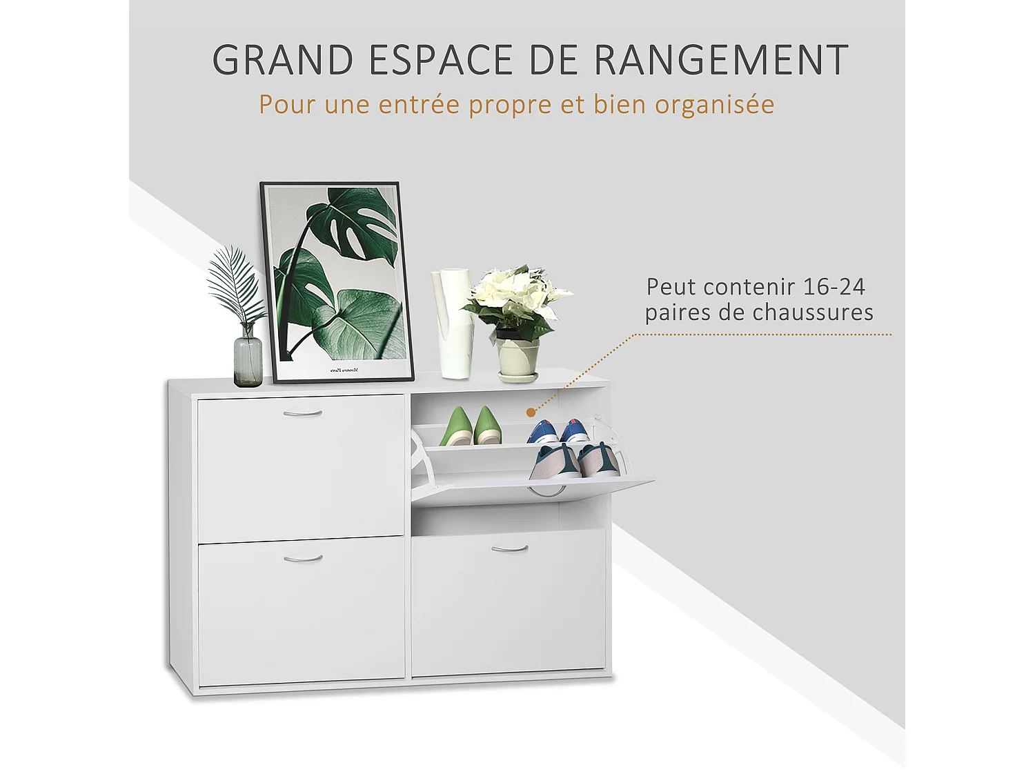 Armoire à chaussures meuble à chaussures grande taille dim. 120L x 24l x 81H cm  4 portes abattantes double niveau panneaux particules blanc