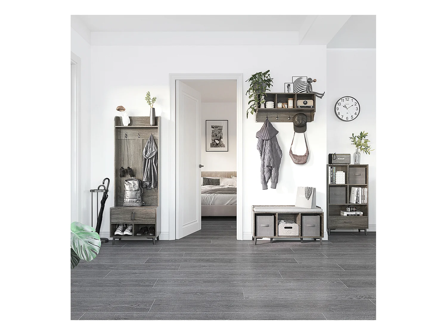 Meuble banc à chaussures style industriel - 2 paniers, niche, coussin inclus - piètement métal noir polyester aspect bois gris