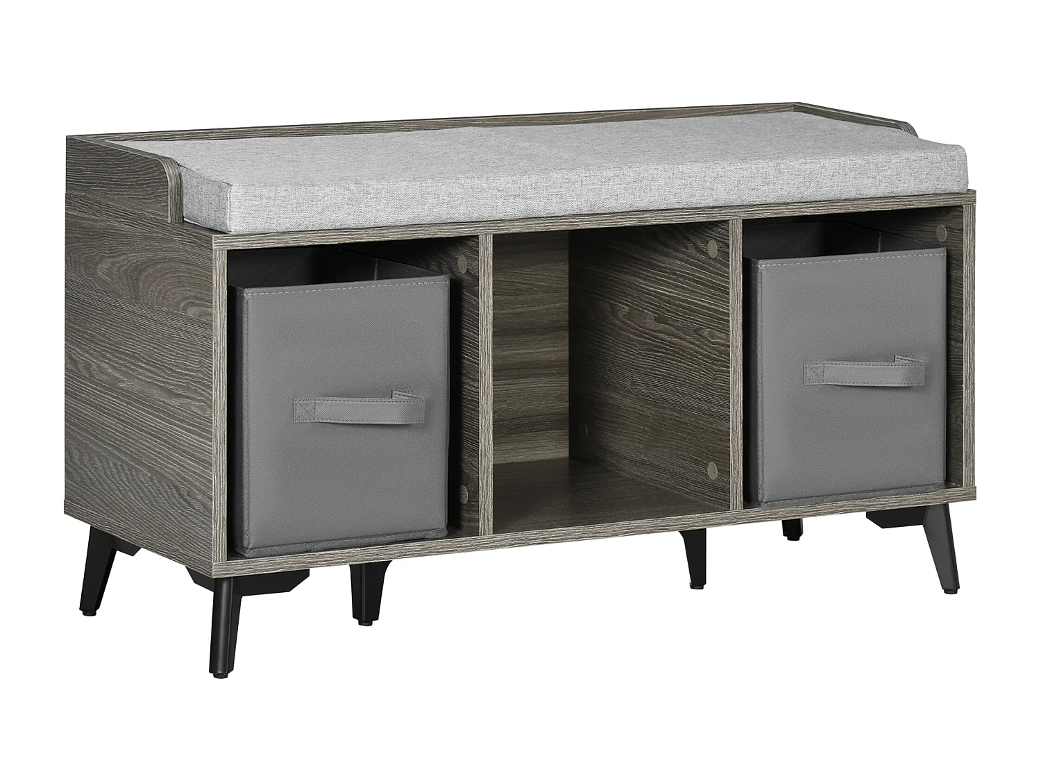 Meuble banc à chaussures style industriel - 2 paniers, niche, coussin inclus - piètement métal noir polyester aspect bois gris