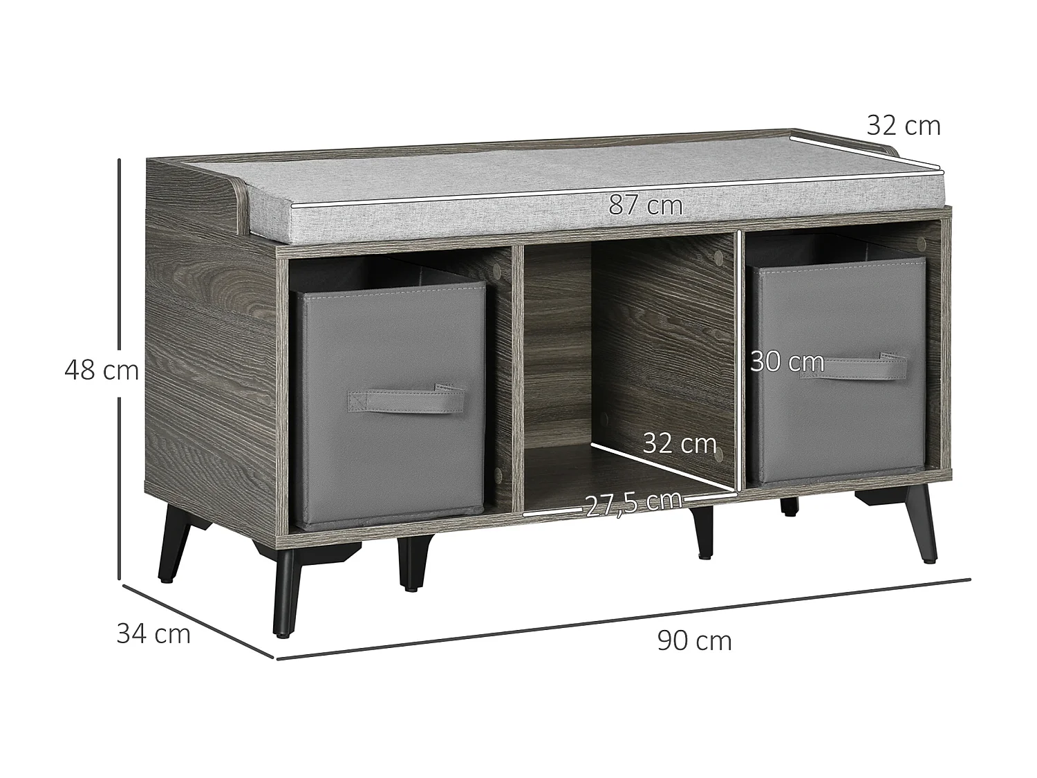 Meuble banc à chaussures style industriel - 2 paniers, niche, coussin inclus - piètement métal noir polyester aspect bois gris