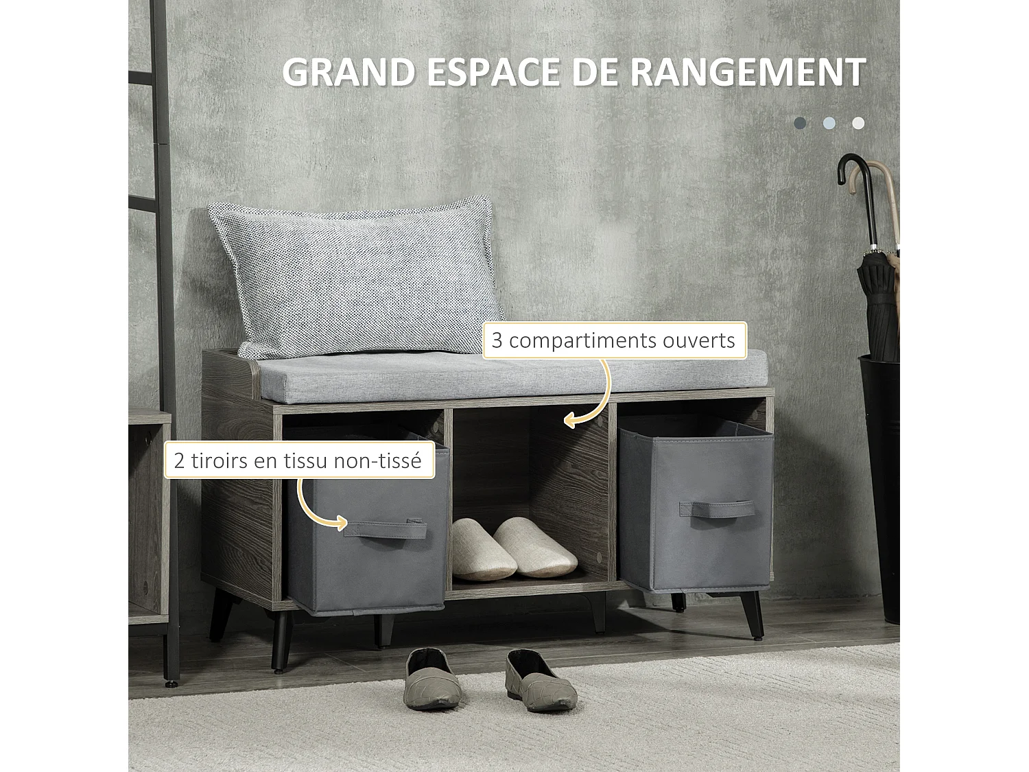 Meuble banc à chaussures style industriel - 2 paniers, niche, coussin inclus - piètement métal noir polyester aspect bois gris