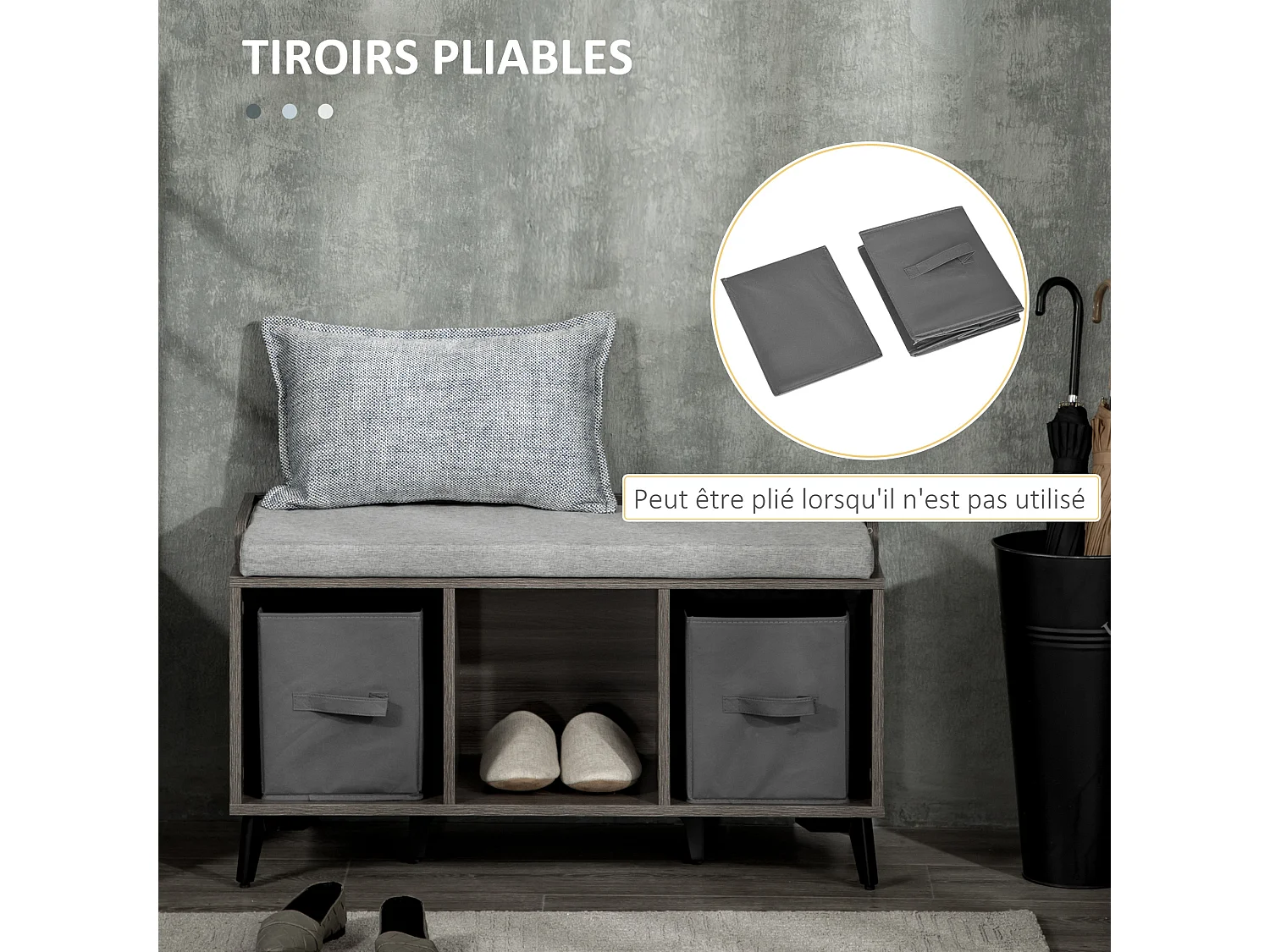 Meuble banc à chaussures style industriel - 2 paniers, niche, coussin inclus - piètement métal noir polyester aspect bois gris