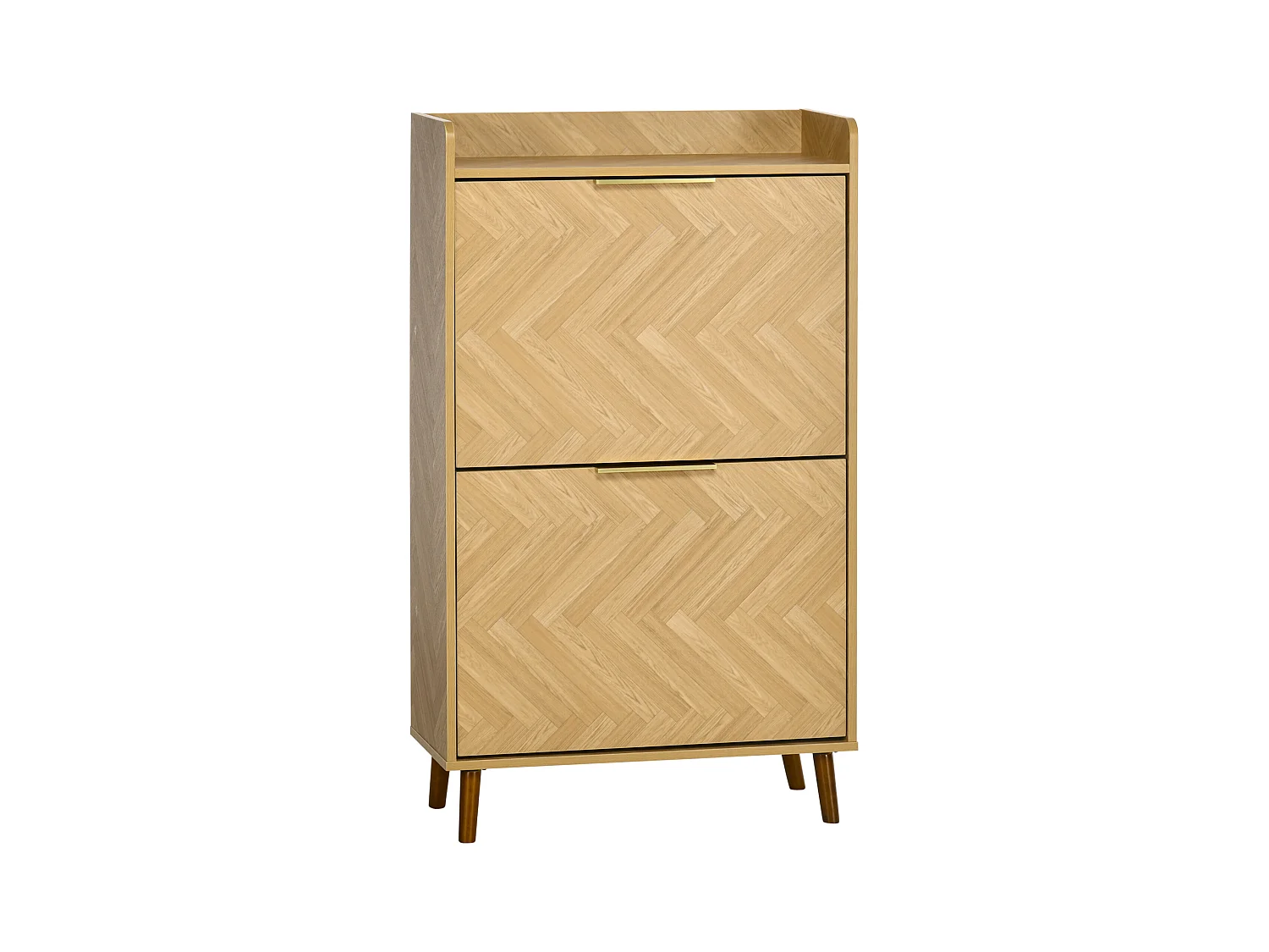 Meuble à chaussures design scandinave 2 portes abattantes 3 étagères piètement effilé incliné bois hévéa panneaux aspect chêne clair chevrons