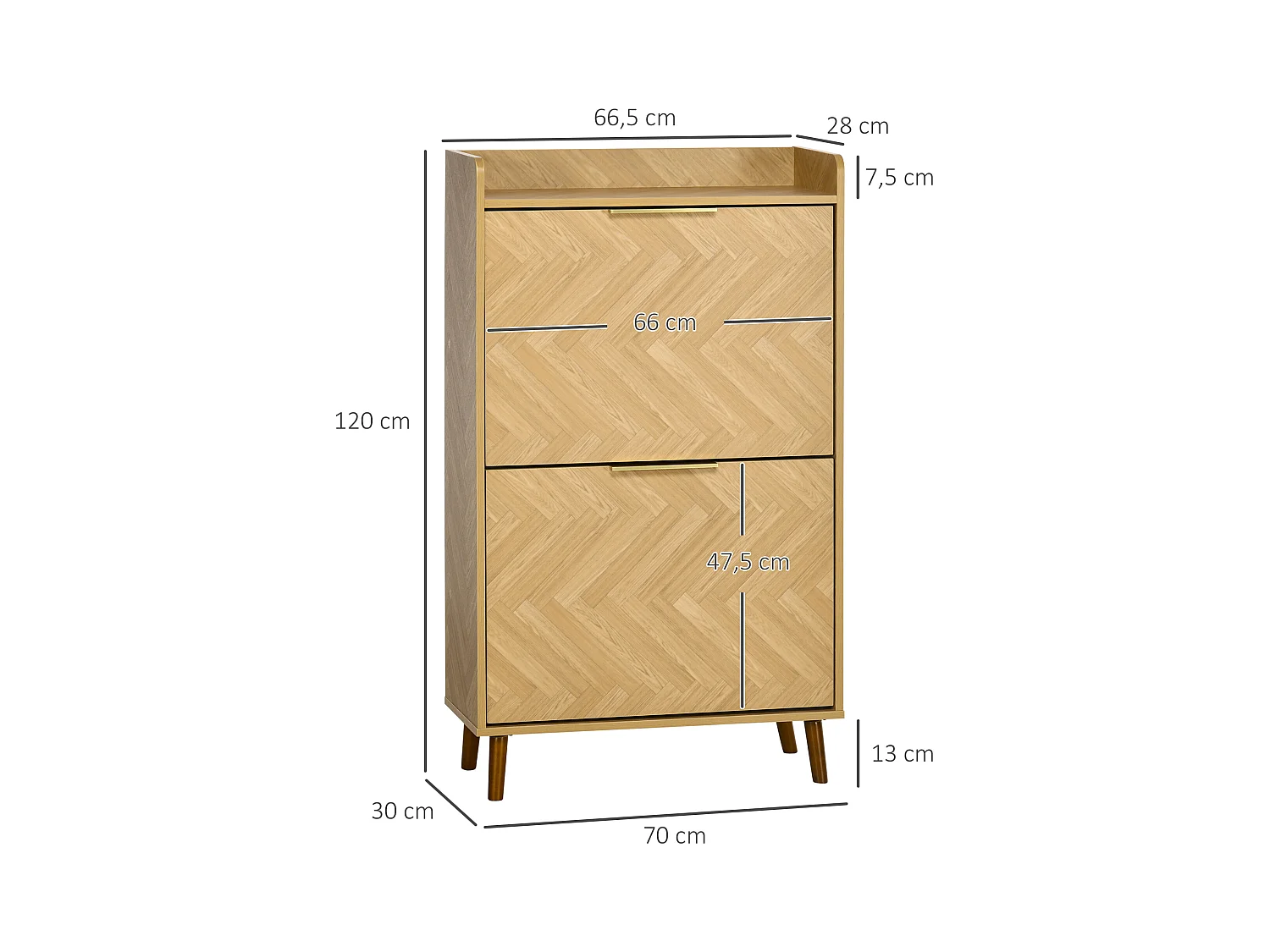 Meuble à chaussures design scandinave 2 portes abattantes 3 étagères piètement effilé incliné bois hévéa panneaux aspect chêne clair chevrons