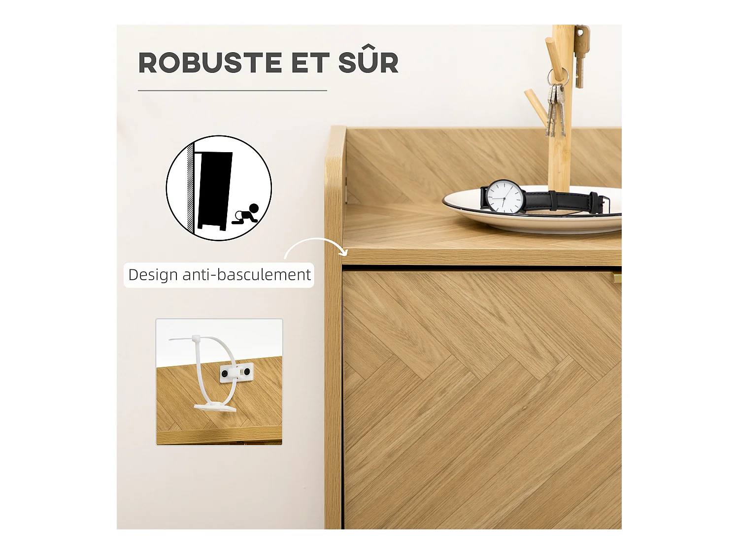 Meuble à chaussures design scandinave 2 portes abattantes 3 étagères piètement effilé incliné bois hévéa panneaux aspect chêne clair chevrons