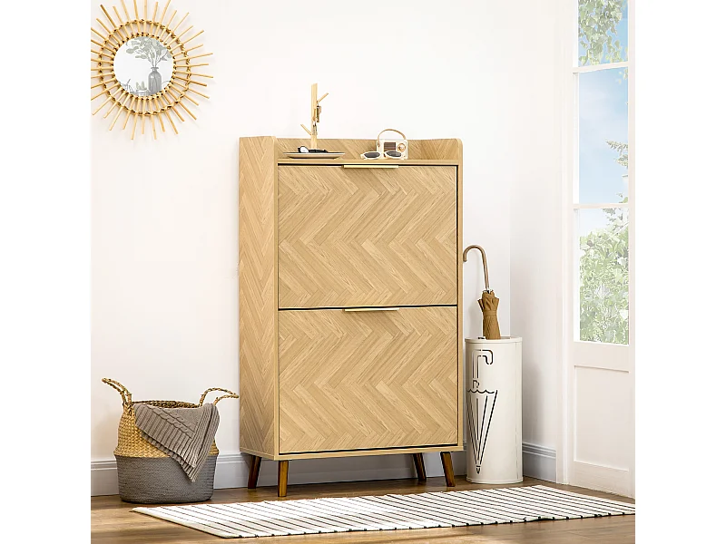 Meuble à chaussures design scandinave 2 portes abattantes 3 étagères piètement effilé incliné bois hévéa panneaux aspect chêne clair chevrons