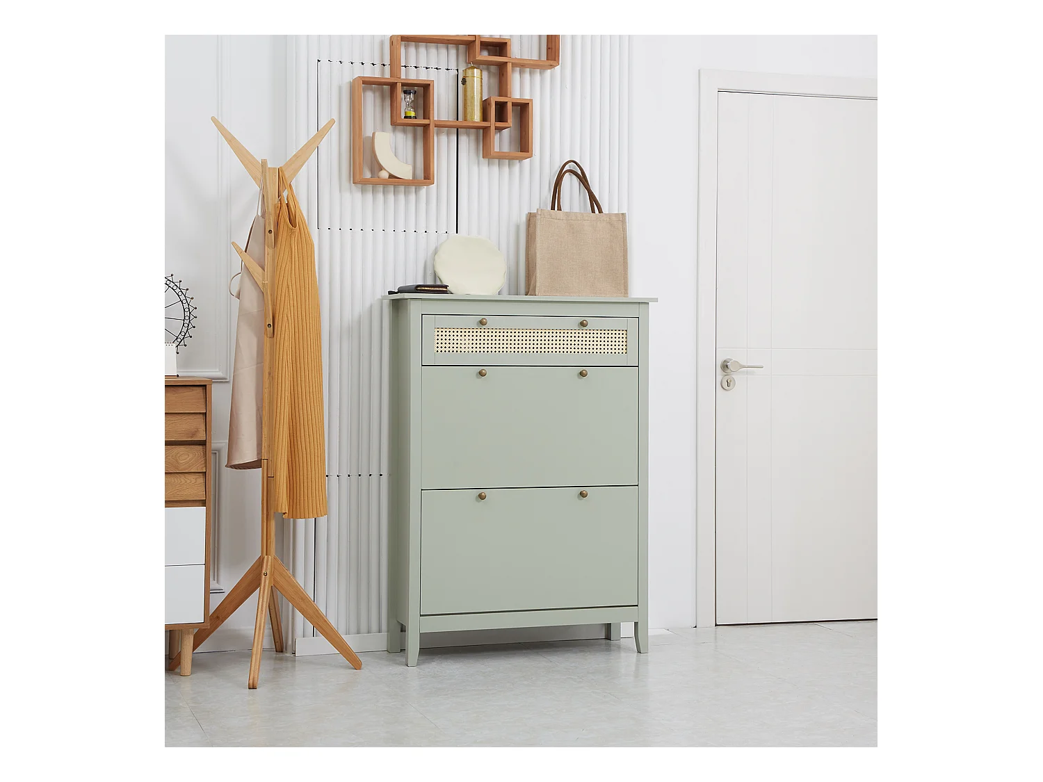 Meuble à chaussures style bohème chic - 2 portes abattantes 2 étagères réglables tiroir - MDF vert d'eau aspect rotin