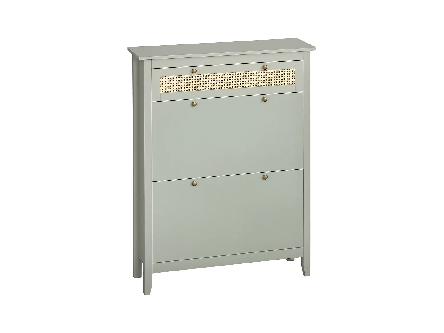 Meuble à chaussures style bohème chic - 2 portes abattantes 2 étagères réglables tiroir - MDF vert d'eau aspect rotin