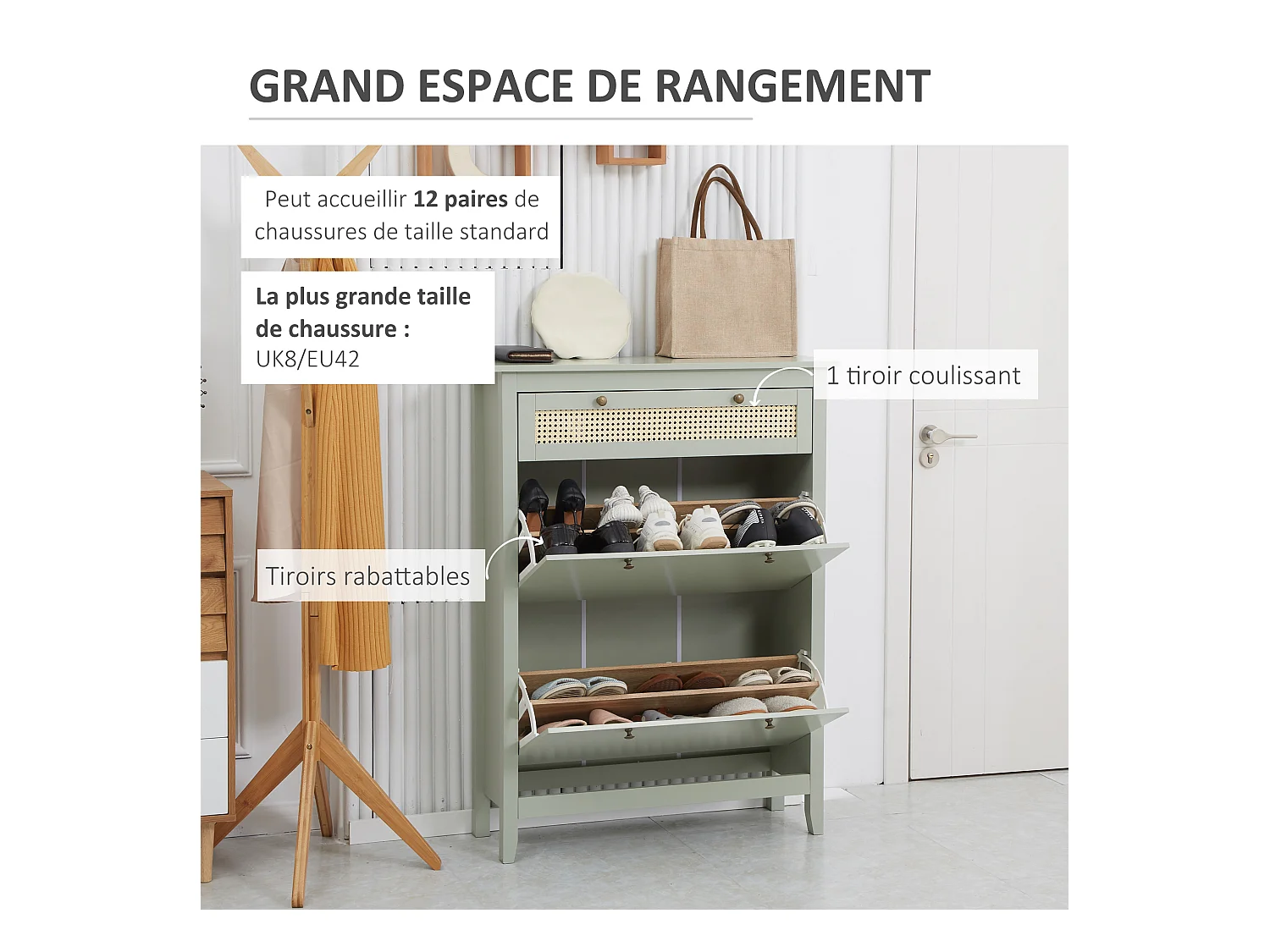 Meuble à chaussures style bohème chic - 2 portes abattantes 2 étagères réglables tiroir - MDF vert d'eau aspect rotin