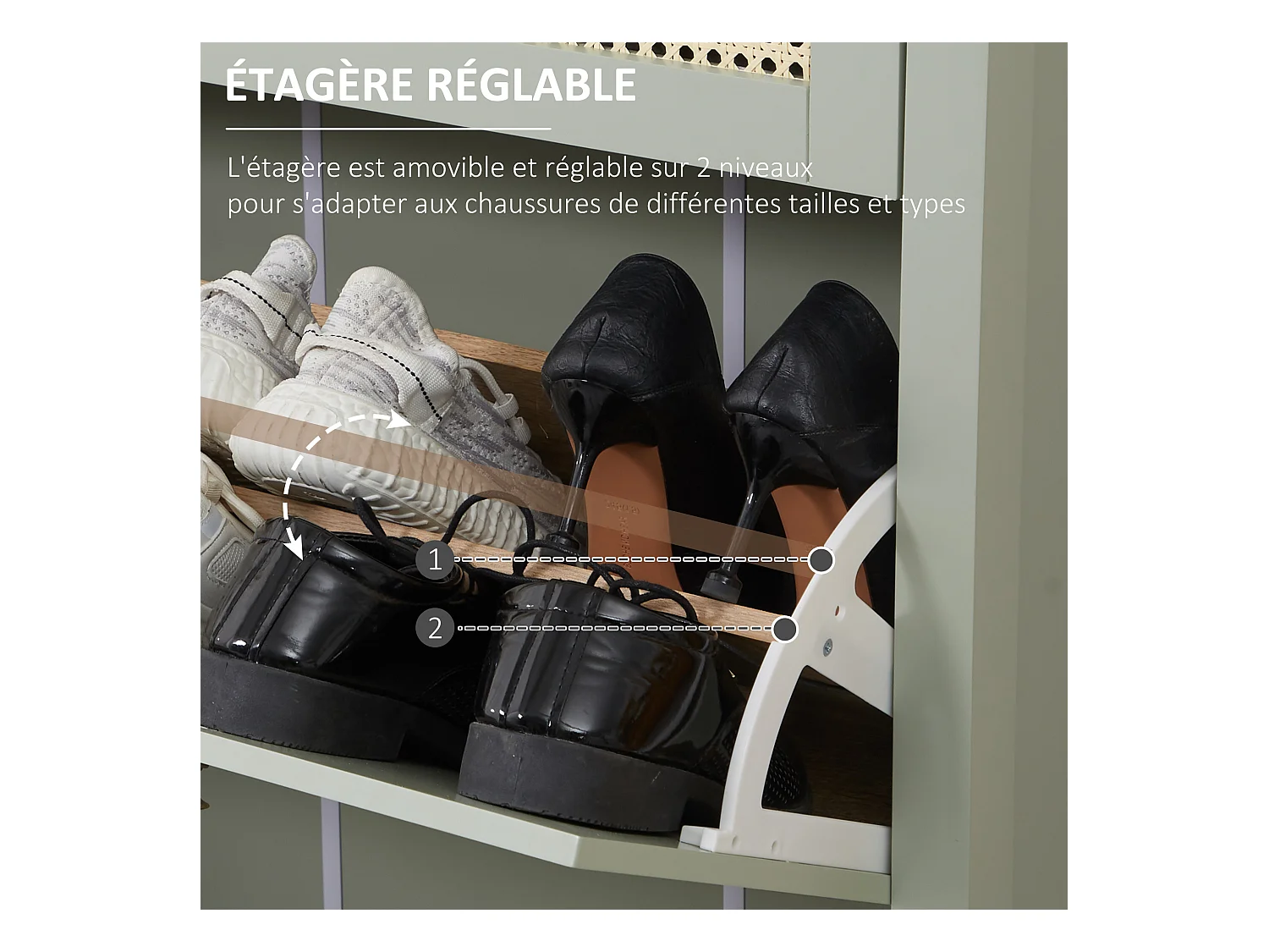 Meuble à chaussures style bohème chic - 2 portes abattantes 2 étagères réglables tiroir - MDF vert d'eau aspect rotin