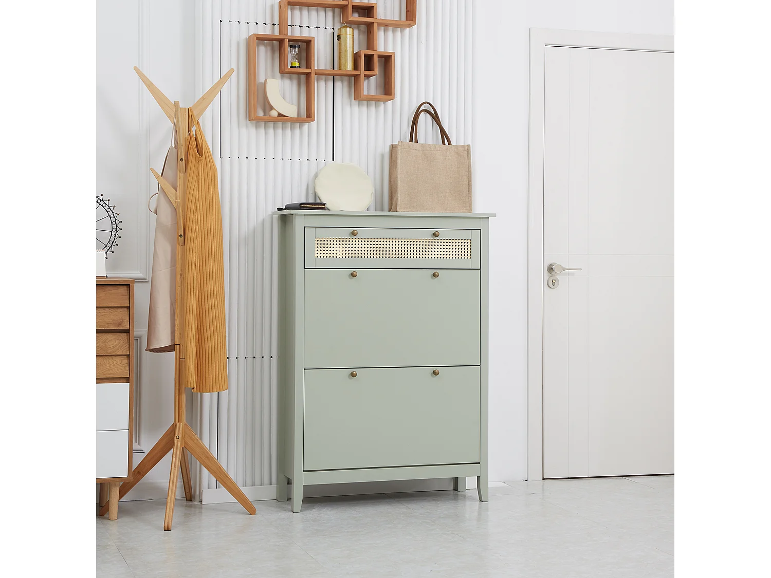 Meuble à chaussures style bohème chic - 2 portes abattantes 2 étagères réglables tiroir - MDF vert d'eau aspect rotin