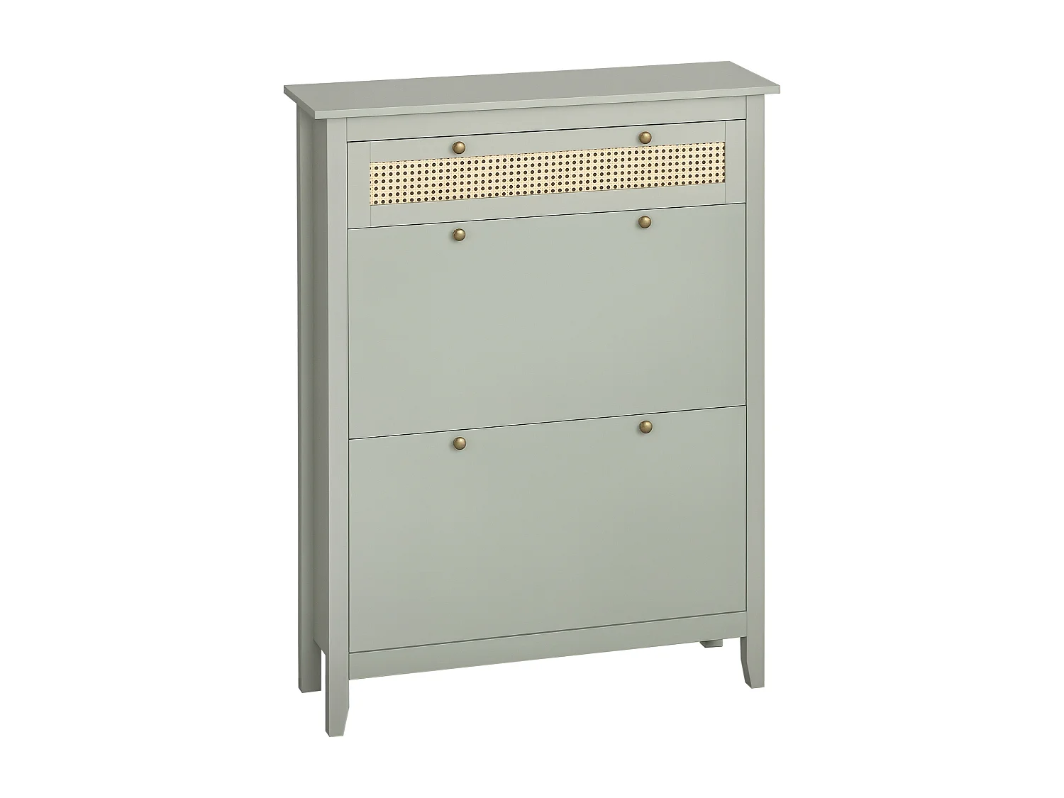 Meuble à chaussures style bohème chic - 2 portes abattantes 2 étagères réglables tiroir - MDF vert d'eau aspect rotin