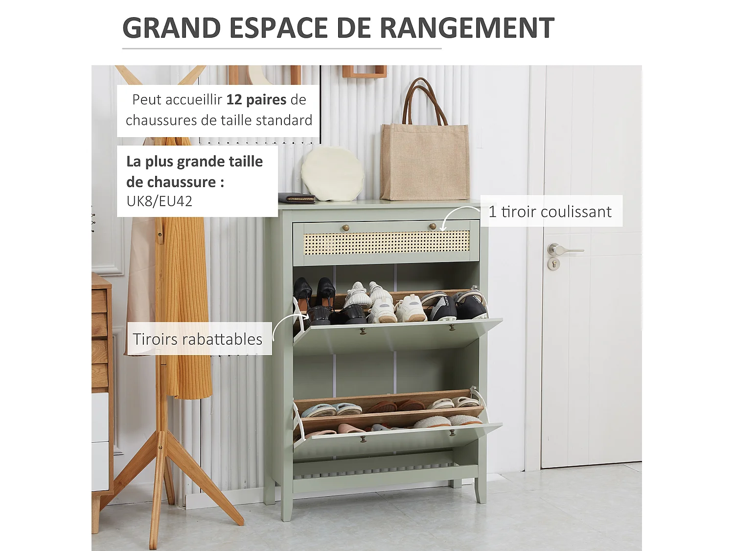 Meuble à chaussures style bohème chic - 2 portes abattantes 2 étagères réglables tiroir - MDF vert d'eau aspect rotin