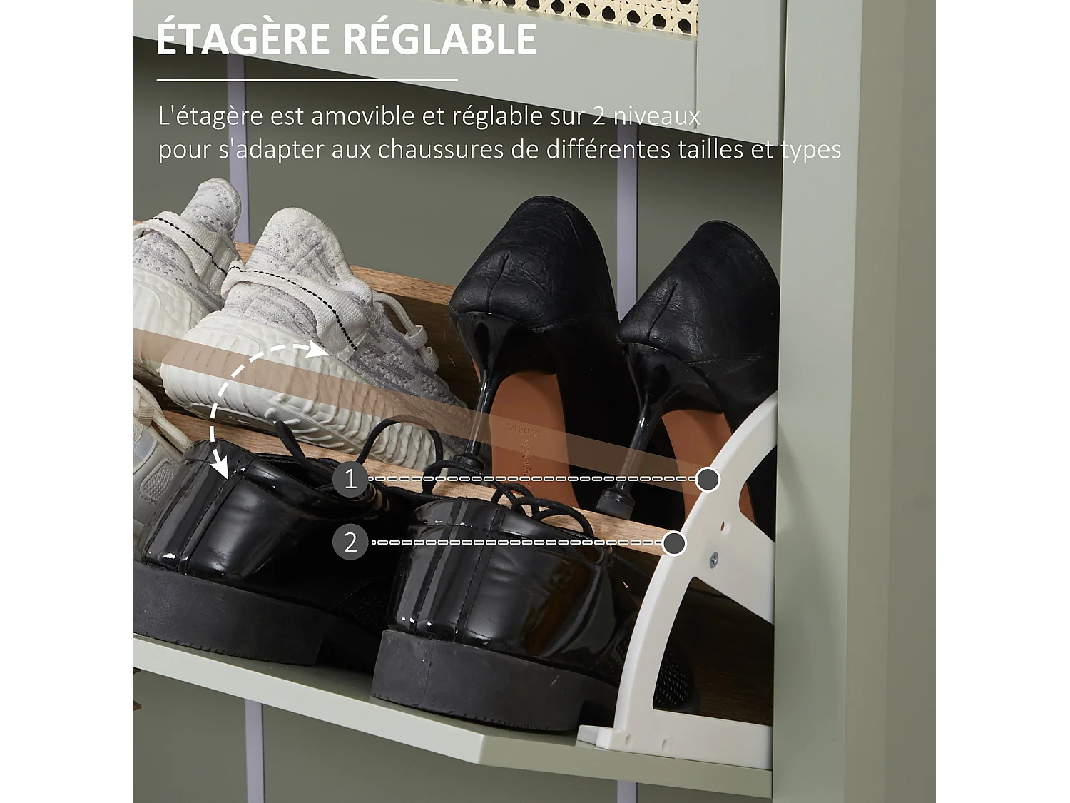 Meuble à chaussures style bohème chic - 2 portes abattantes 2 étagères réglables tiroir - MDF vert d'eau aspect rotin