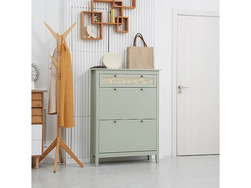 Meuble à chaussures style bohème chic - 2 portes abattantes 2 étagères réglables tiroir - MDF vert d'eau aspect rotin