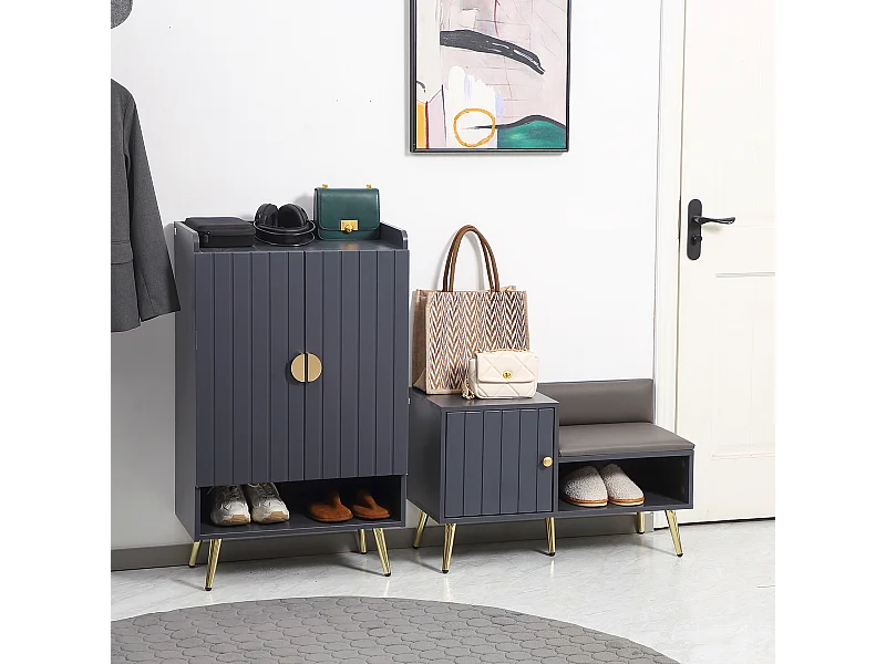 Meuble chaussures banc à chaussures style art déco placard niche banquette assise dossier PU acier doré panneaux gris