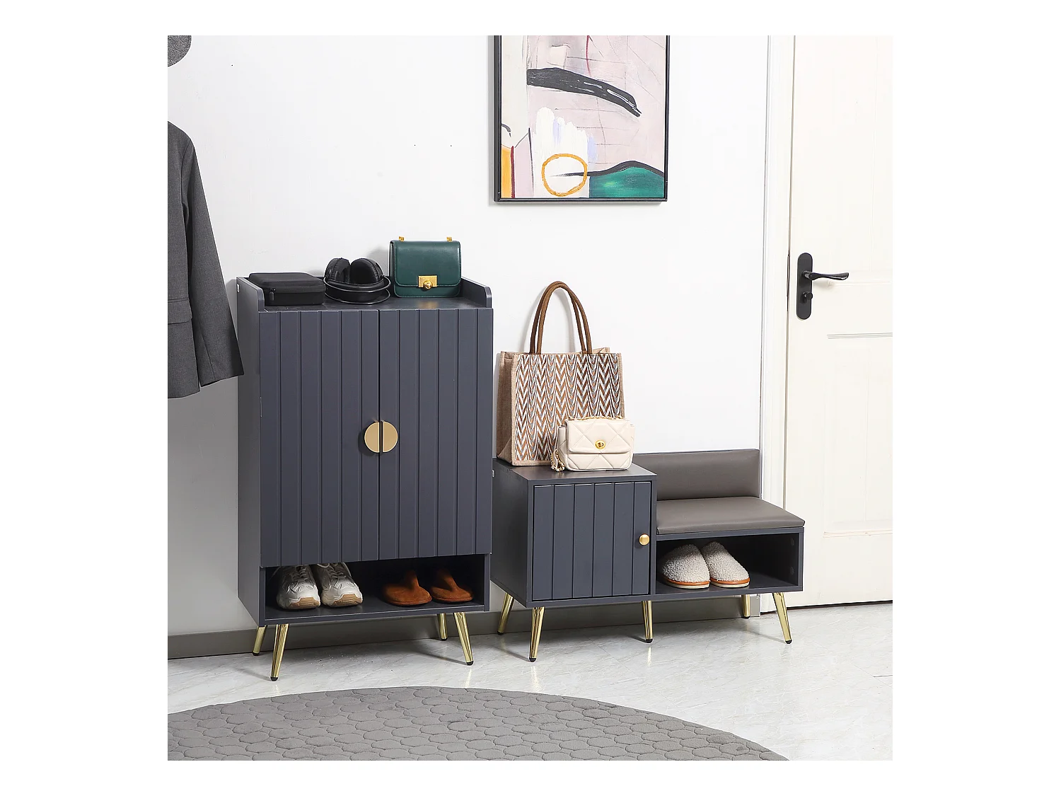 Meuble chaussures banc à chaussures style art déco placard niche banquette assise dossier PU acier doré panneaux gris