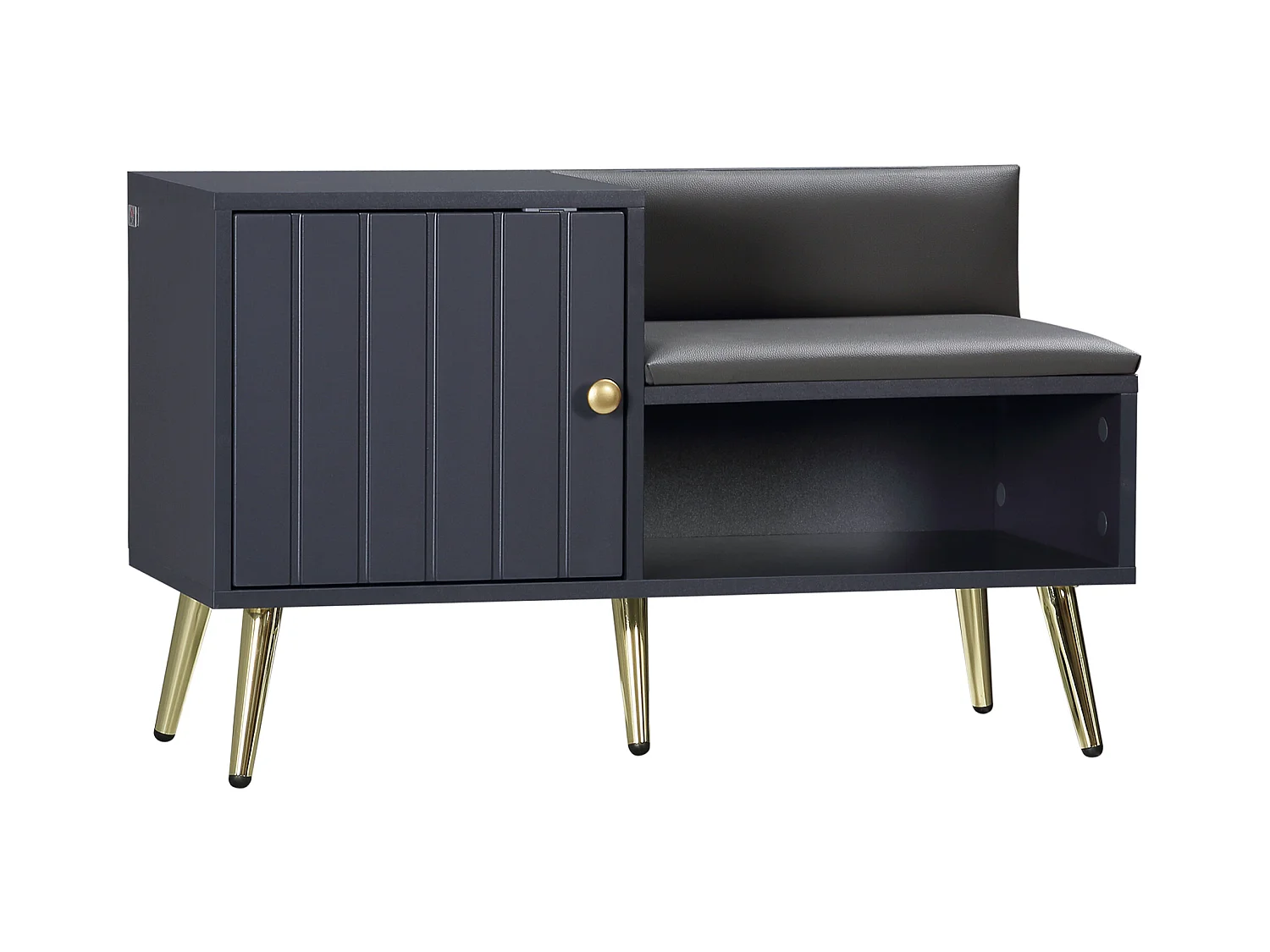 Meuble chaussures banc à chaussures style art déco placard niche banquette assise dossier PU acier doré panneaux gris