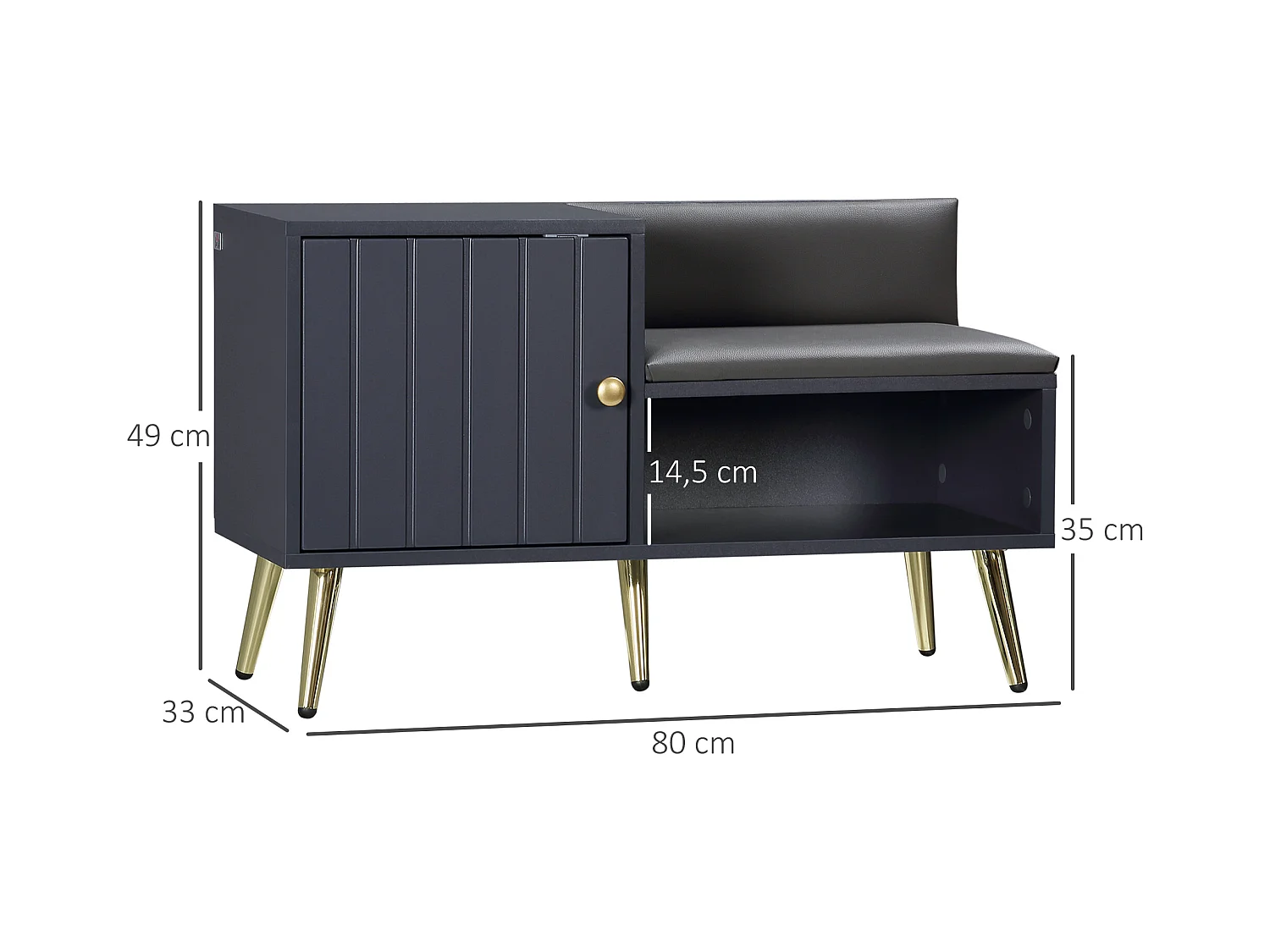 Meuble chaussures banc à chaussures style art déco placard niche banquette assise dossier PU acier doré panneaux gris