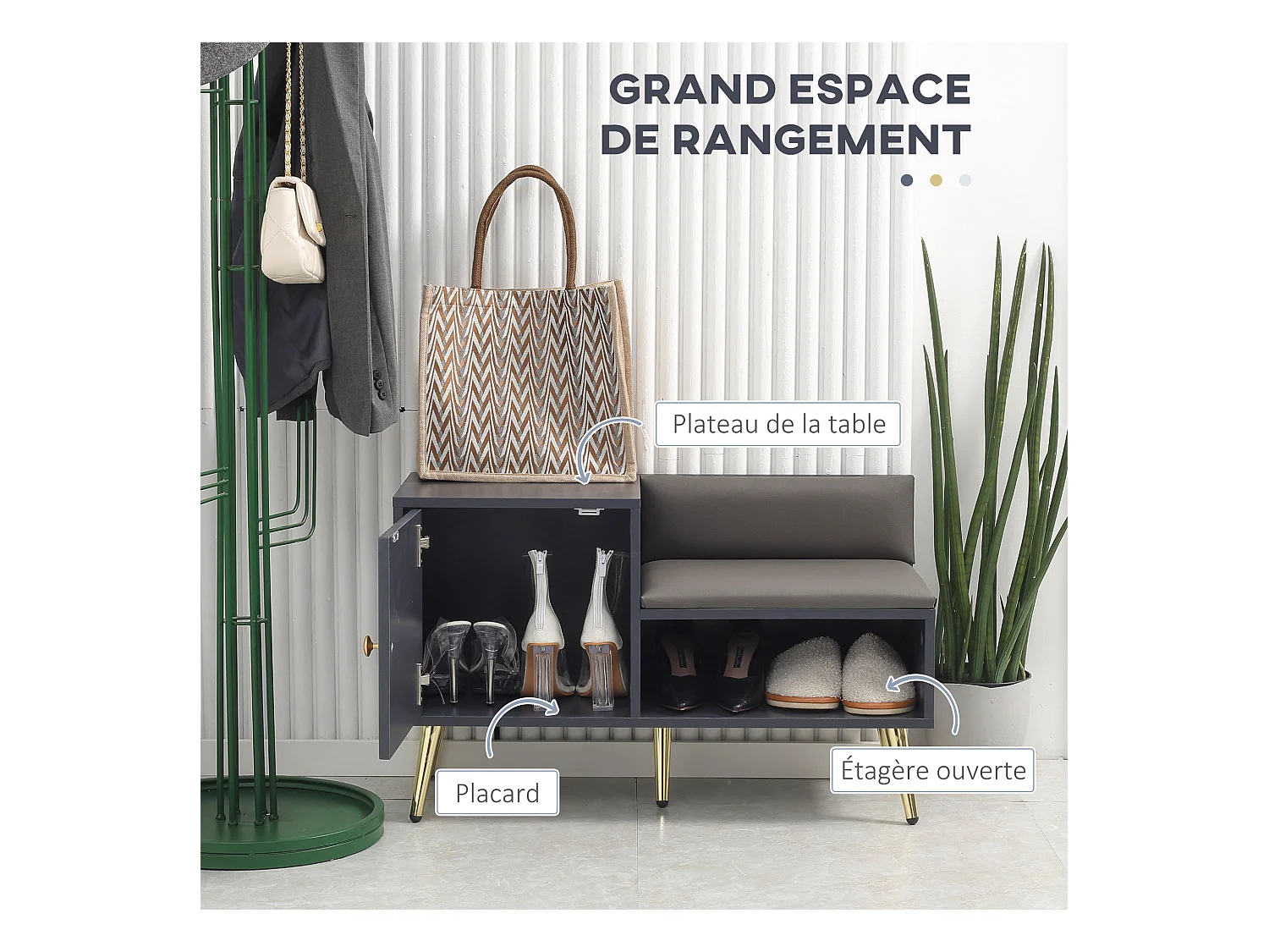 Meuble chaussures banc à chaussures style art déco placard niche banquette assise dossier PU acier doré panneaux gris
