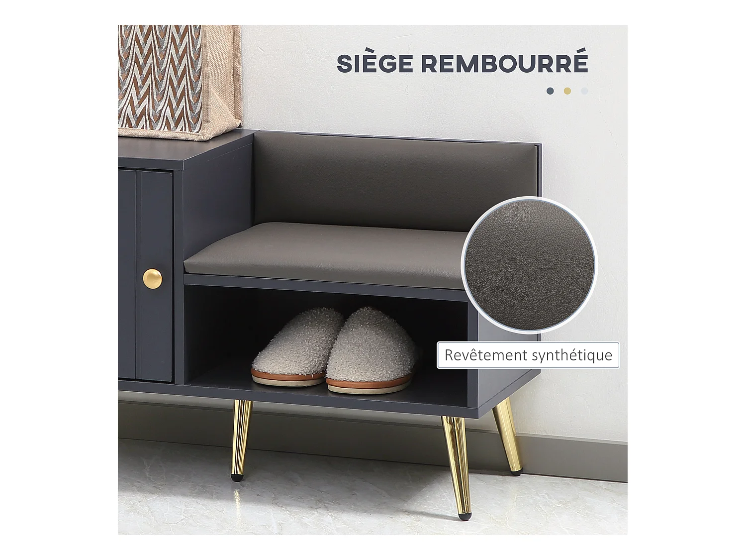 Meuble chaussures banc à chaussures style art déco placard niche banquette assise dossier PU acier doré panneaux gris