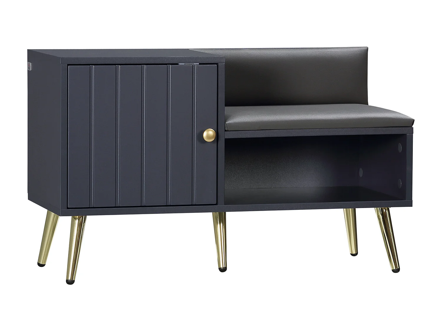 Meuble chaussures banc à chaussures style art déco placard niche banquette assise dossier PU acier doré panneaux gris