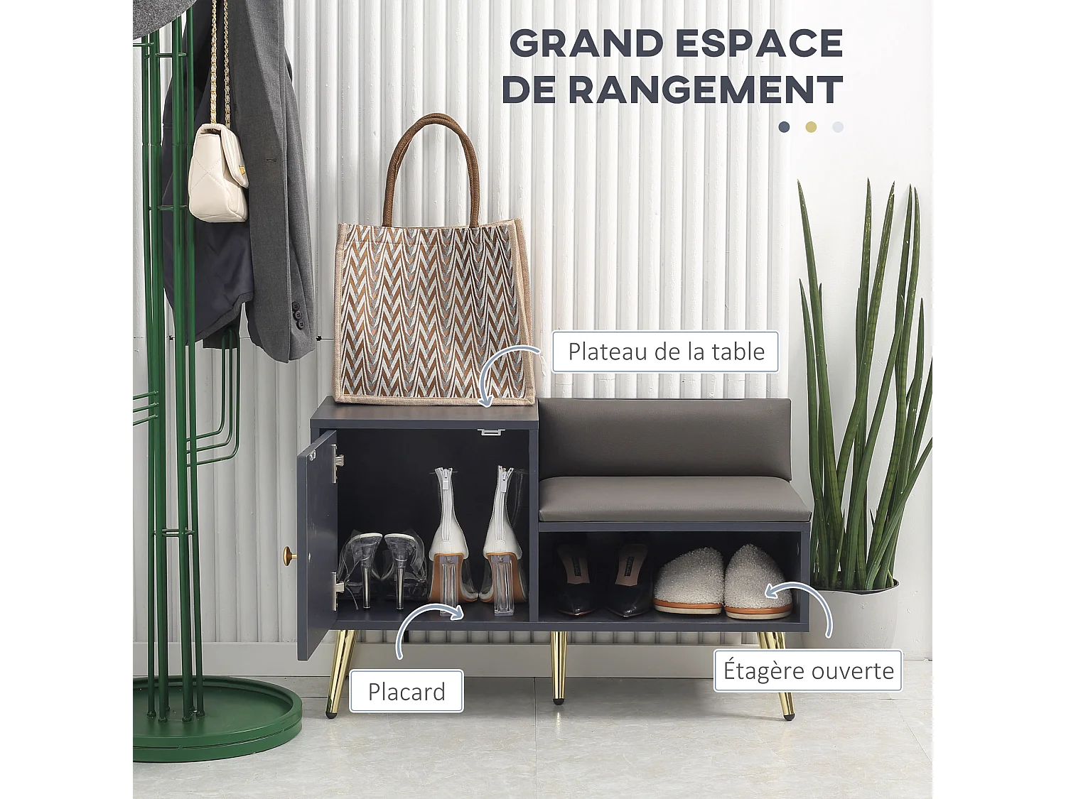 Meuble chaussures banc à chaussures style art déco placard niche banquette assise dossier PU acier doré panneaux gris