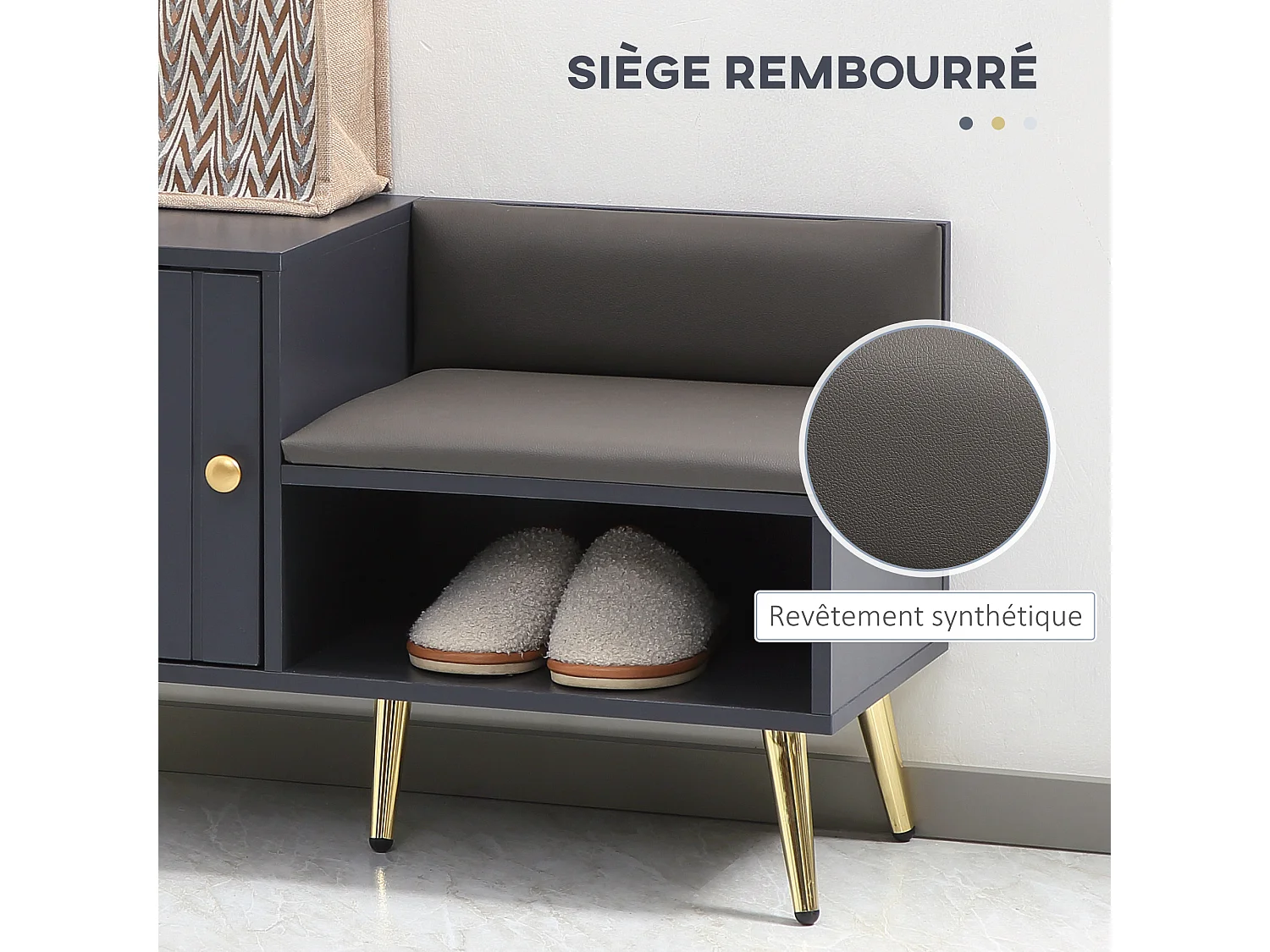 Meuble chaussures banc à chaussures style art déco placard niche banquette assise dossier PU acier doré panneaux gris