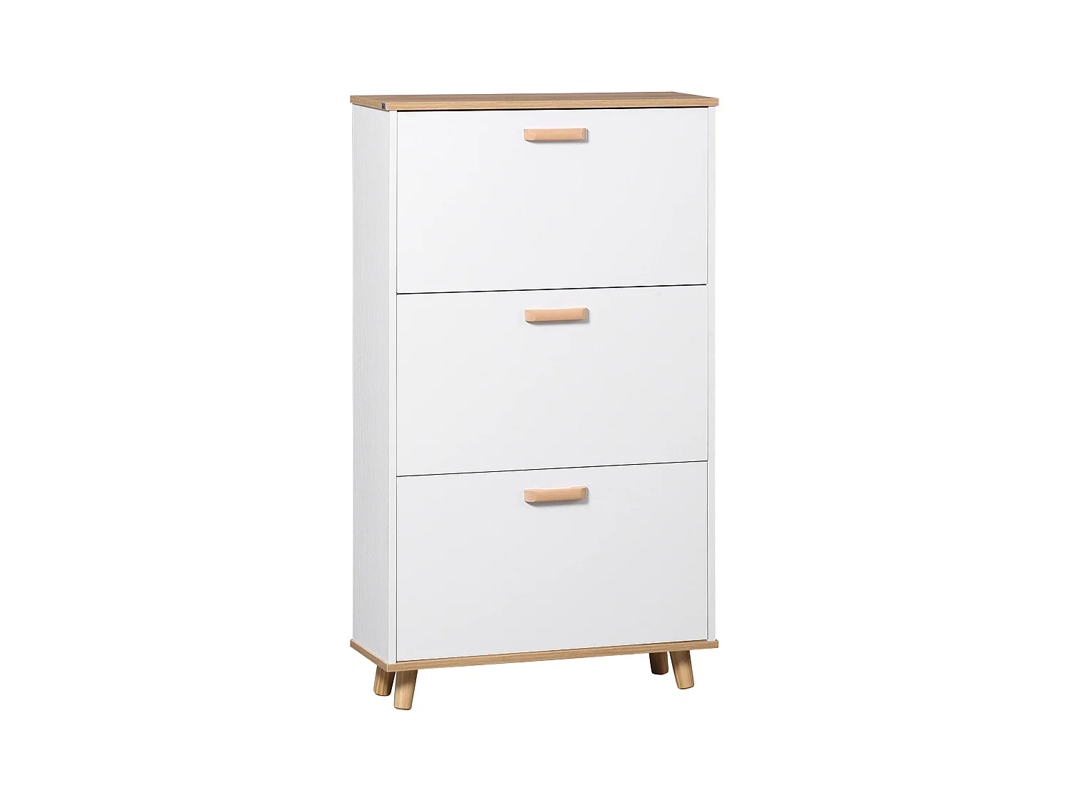 Meuble à chaussures design scandinave 3 portes abattantes 3 étagères réglables bois pin panneaux blanc