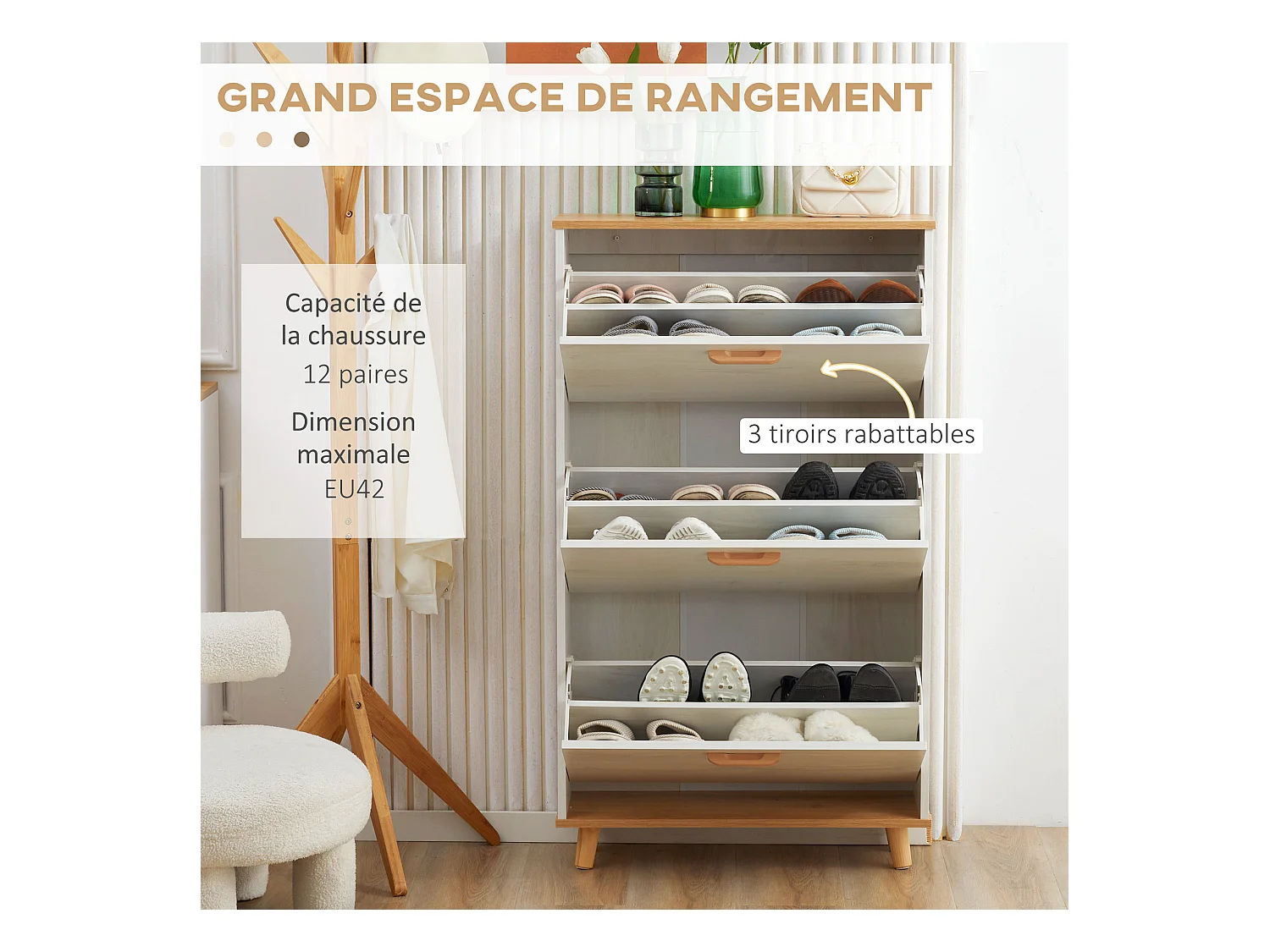 Meuble à chaussures design scandinave 3 portes abattantes 3 étagères réglables bois pin panneaux blanc